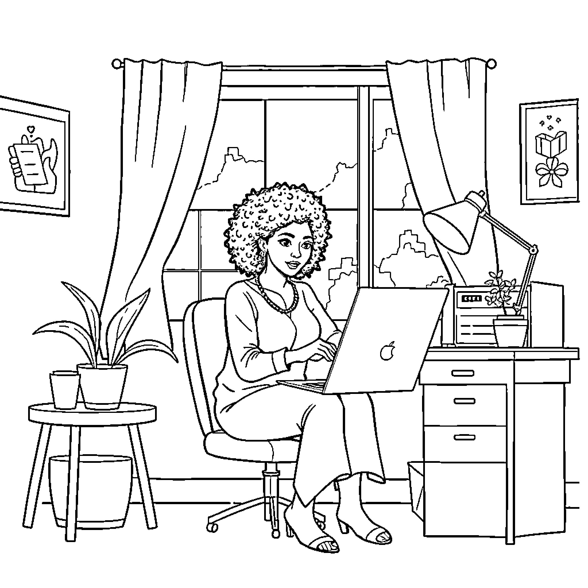 Woman working intently on laptop in home office Coloring Page (free black-and-white line drawing printable PDF for all, from beginners to advanced learners, including children, teens, adults, and seniors)