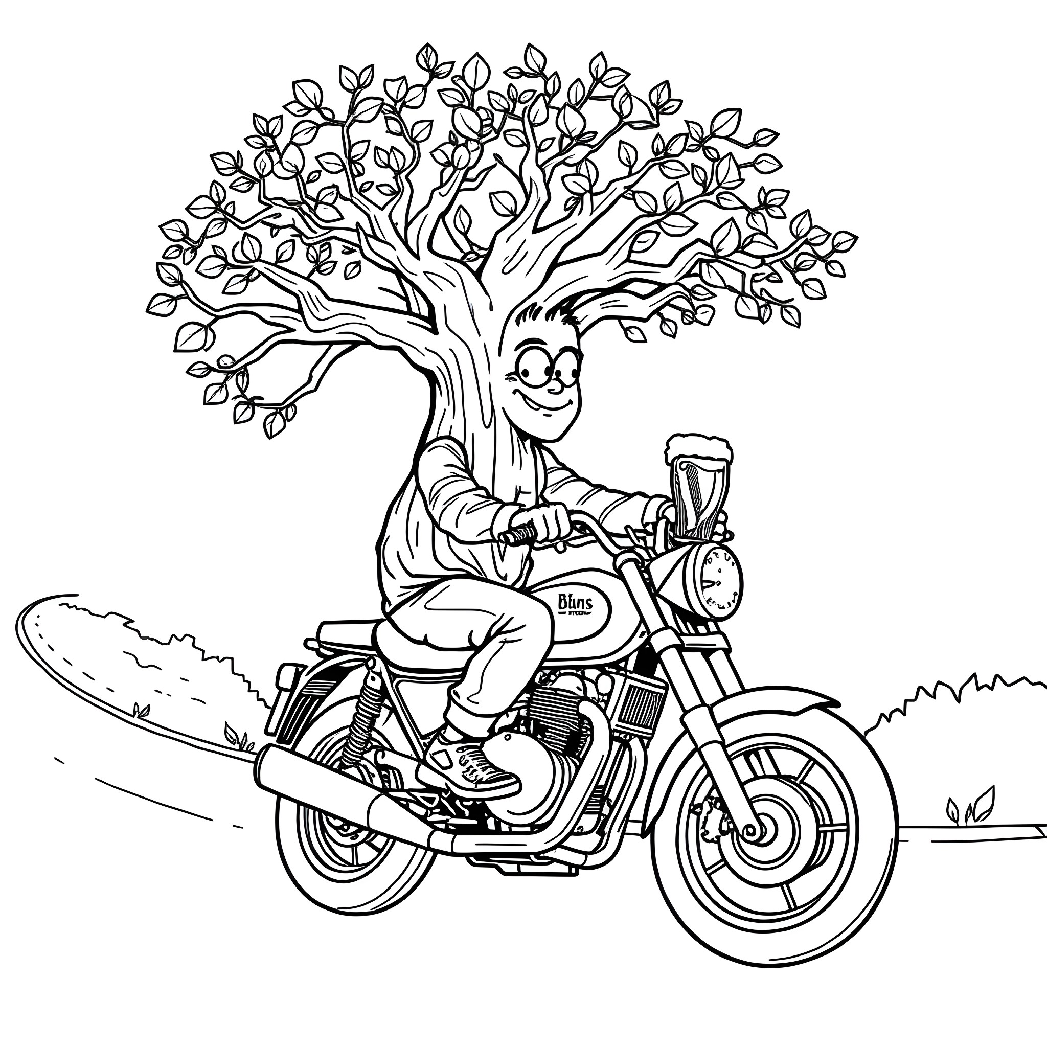Tree with happy character riding motorcycle in nature Coloring Page (free black-and-white line drawing printable PDF for all, from beginners to advanced learners, including children, teens, adults, and seniors)