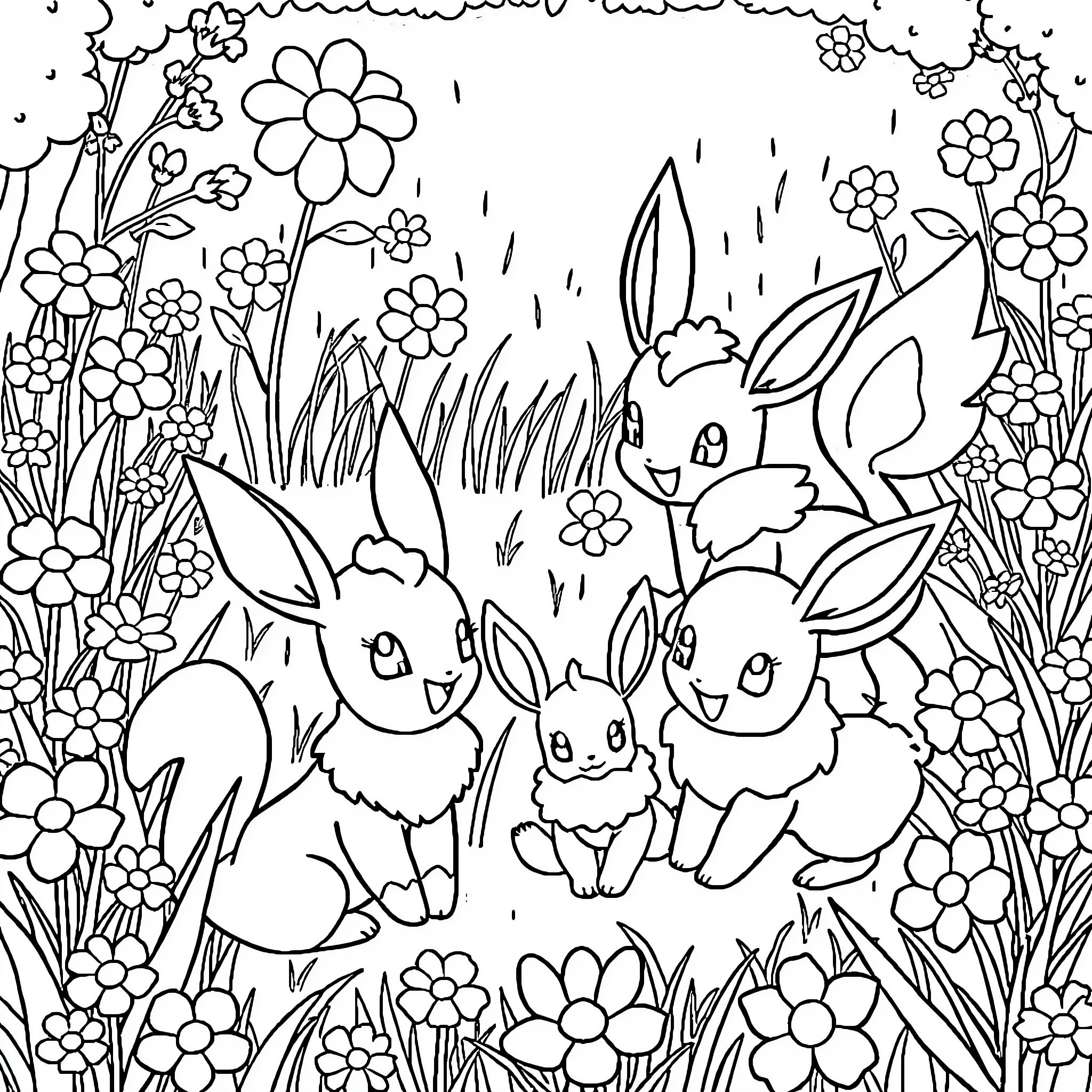 Eevee playing happily with friends in the floral field Coloring Page (free black-and-white line drawing printable PDF for all, from beginners to advanced learners, including children, teens, adults, and seniors)