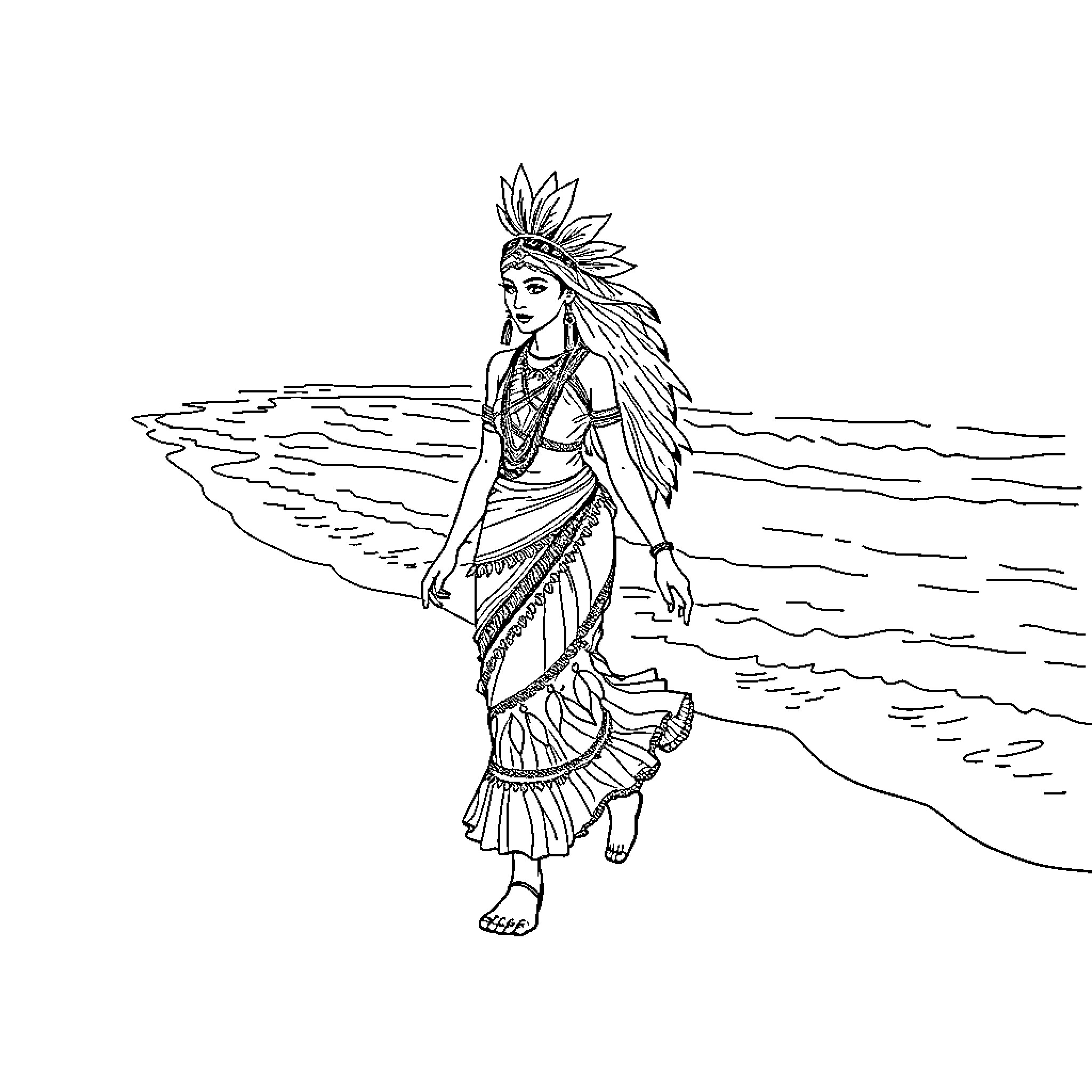 Princess in Tribal Attire Walks Along the Beach Coloring Page (free black-and-white line drawing printable PDF for all, from beginners to advanced learners, including children, teens, adults, and seniors)