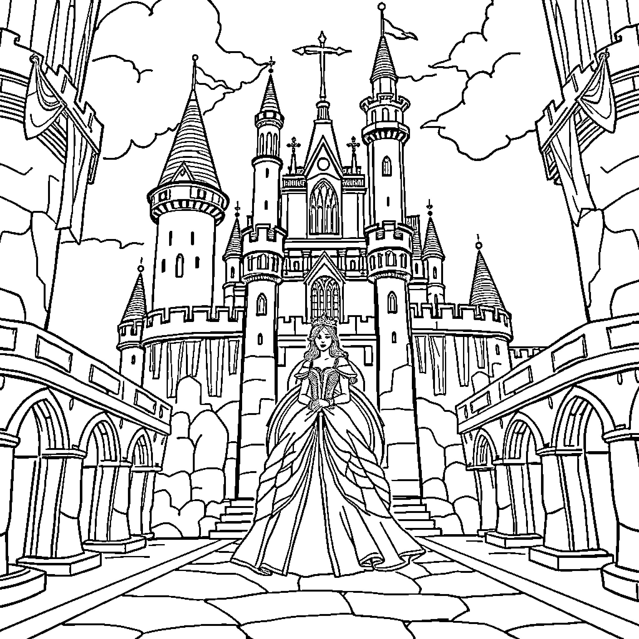 Princess in a magical castle with towers Coloring Page (free black-and-white line drawing printable PDF for all, from beginners to advanced learners, including children, teens, adults, and seniors)