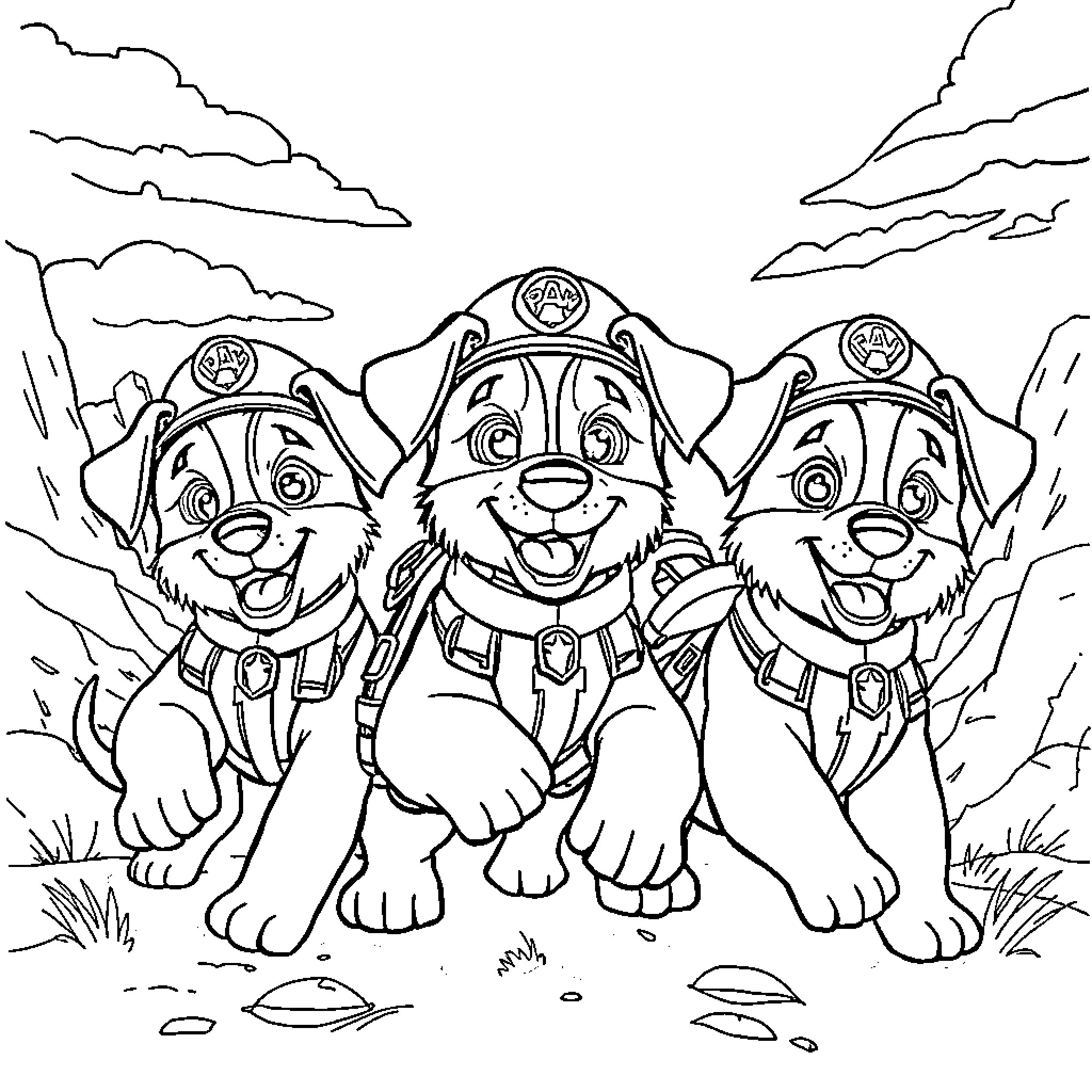 Paw Patrol pups running and smiling joyfully together Coloring Page (free black-and-white line drawing printable PDF for all, from beginners to advanced learners, including children, teens, adults, and seniors)