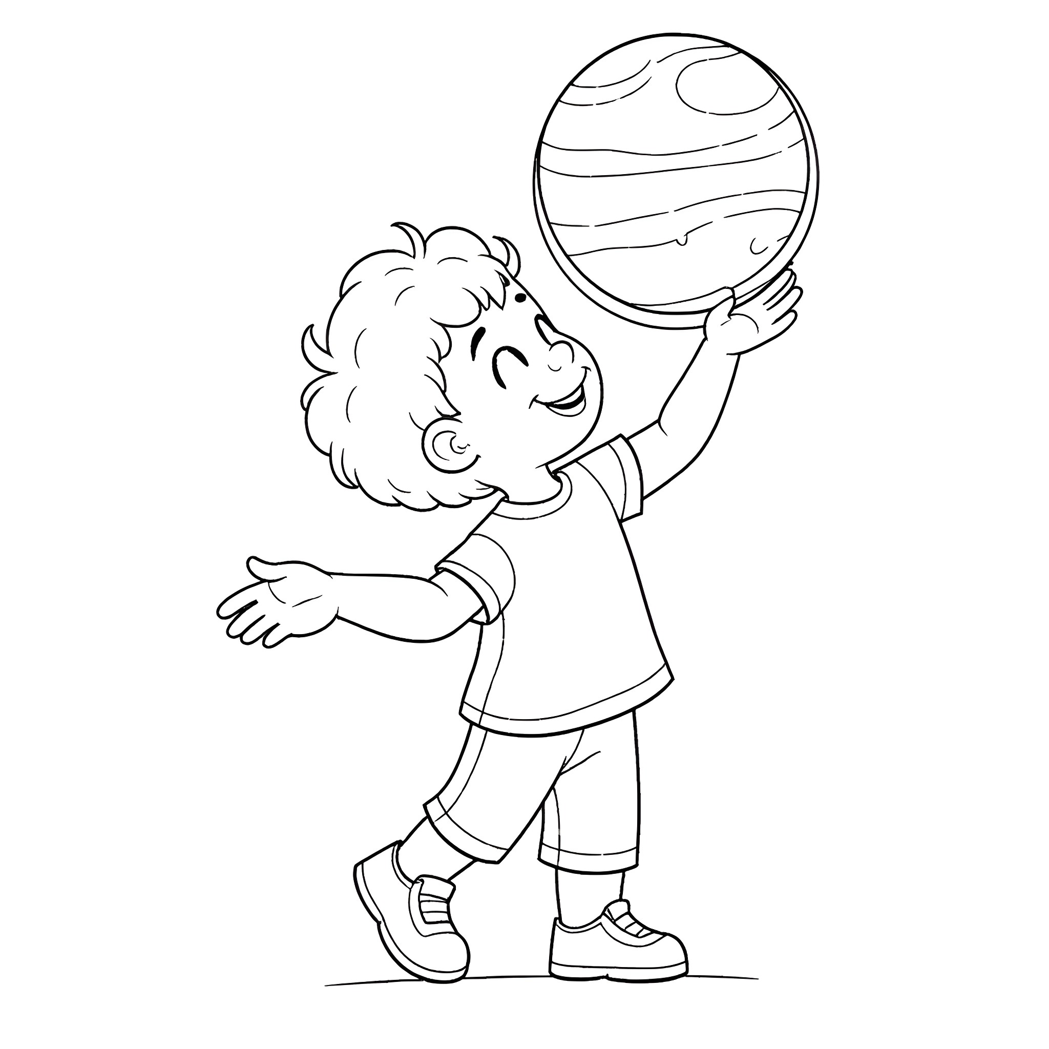 Toddler joyfully playing with a large ball Coloring Page (free black-and-white line drawing printable PDF for all, from beginners to advanced learners, including children, teens, adults, and seniors)