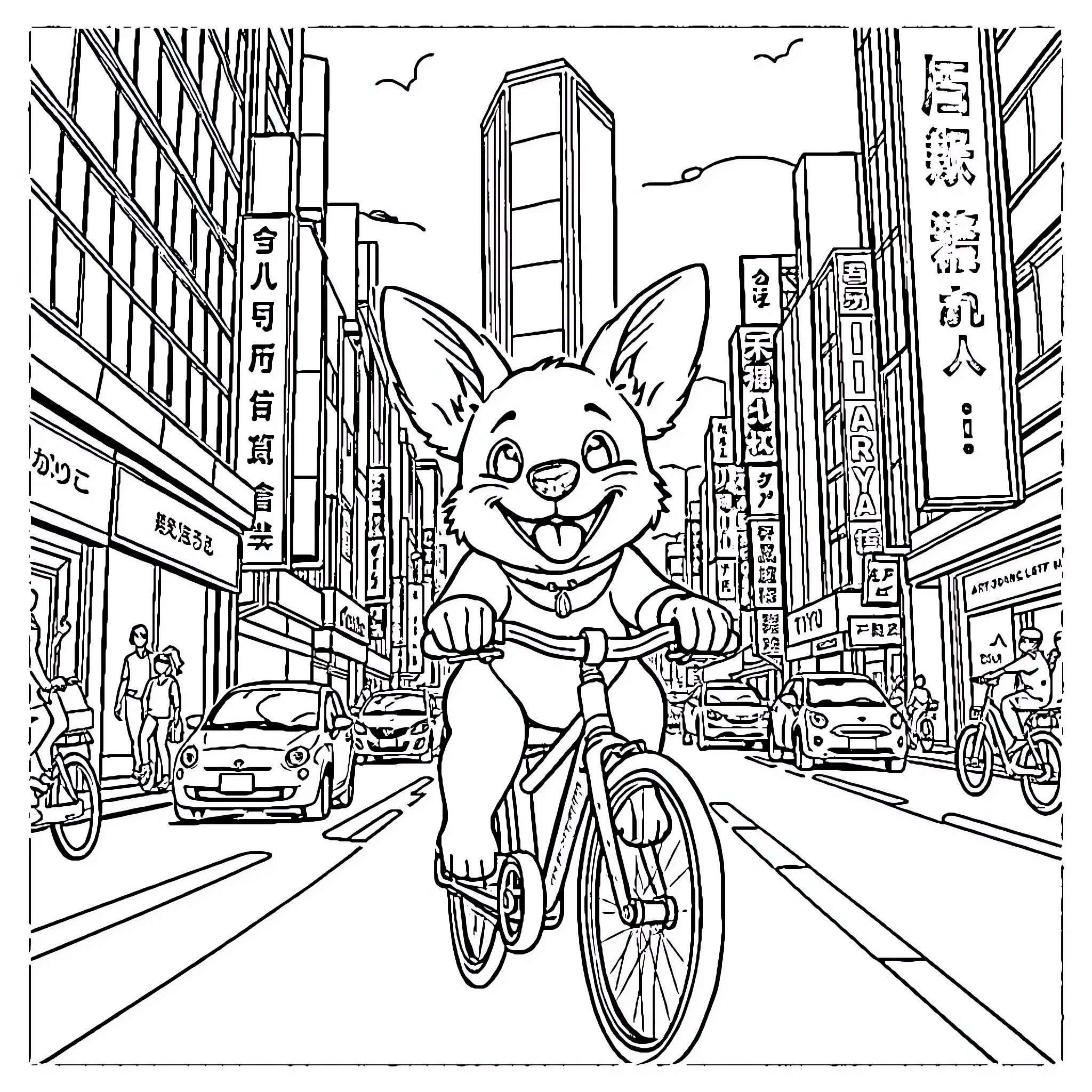 Dog riding bicycle through busy city street Coloring Page (free black-and-white line drawing printable PDF for all, from beginners to advanced learners, including children, teens, adults, and seniors)