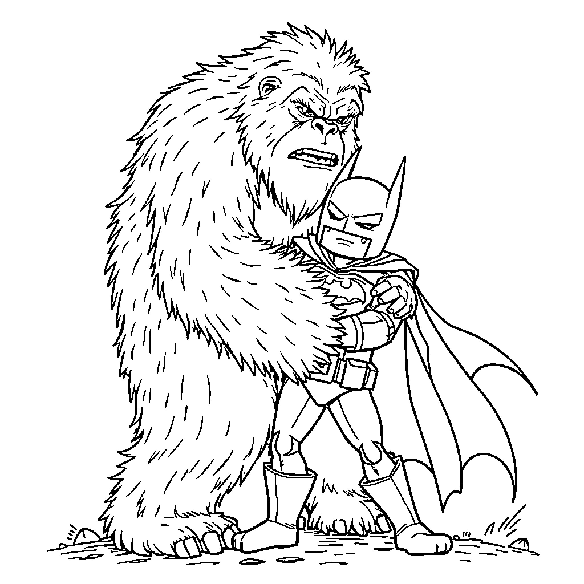 Bigfoot Battles Superhero in the Wilderness Coloring Page (free black-and-white line drawing printable PDF for all, from beginners to advanced learners, including children, teens, adults, and seniors)