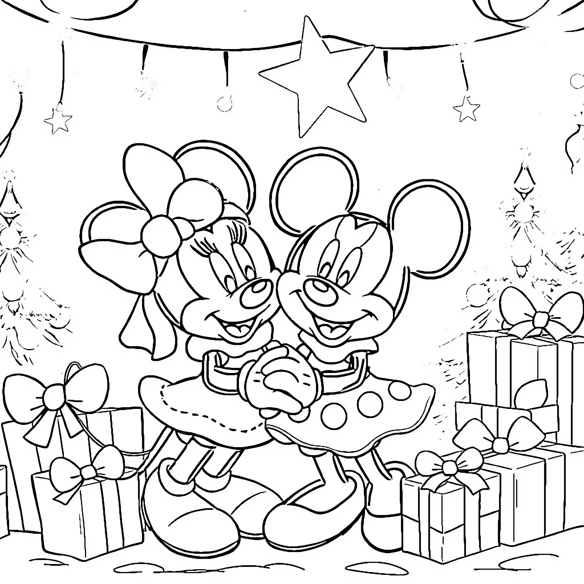 Mickey and Minnie Celebrating a Special Occasion Coloring Page (free black-and-white line drawing printable PDF for all, from beginners to advanced learners, including children, teens, adults, and seniors)