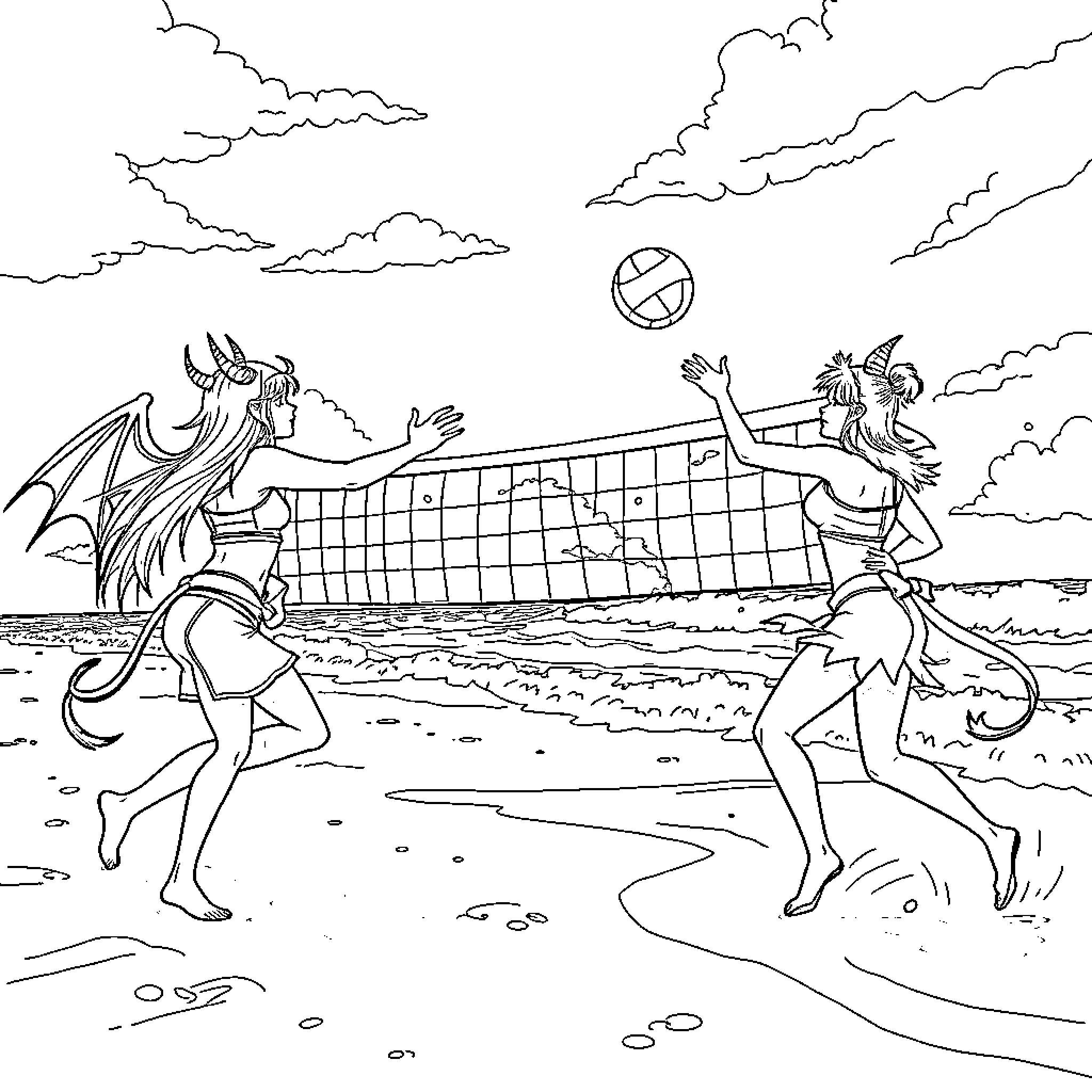 Demon Hunters Engage in Beachside Volleyball Coloring Page (free black-and-white line drawing printable PDF for all, from beginners to advanced learners, including children, teens, adults, and seniors)