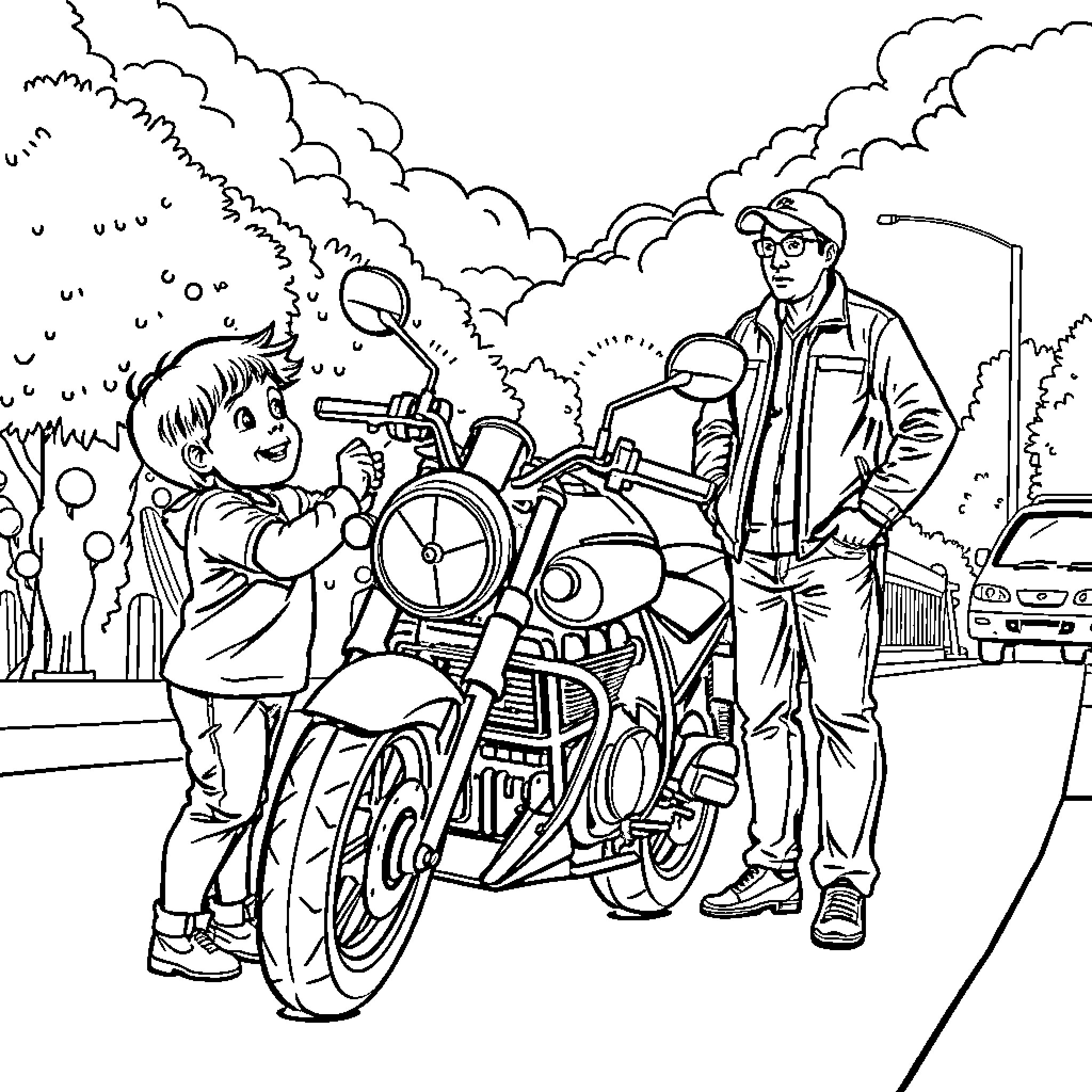 Niño examining motorcycle with older man Coloring Page (free black-and-white line drawing printable PDF for all, from beginners to advanced learners, including children, teens, adults, and seniors)