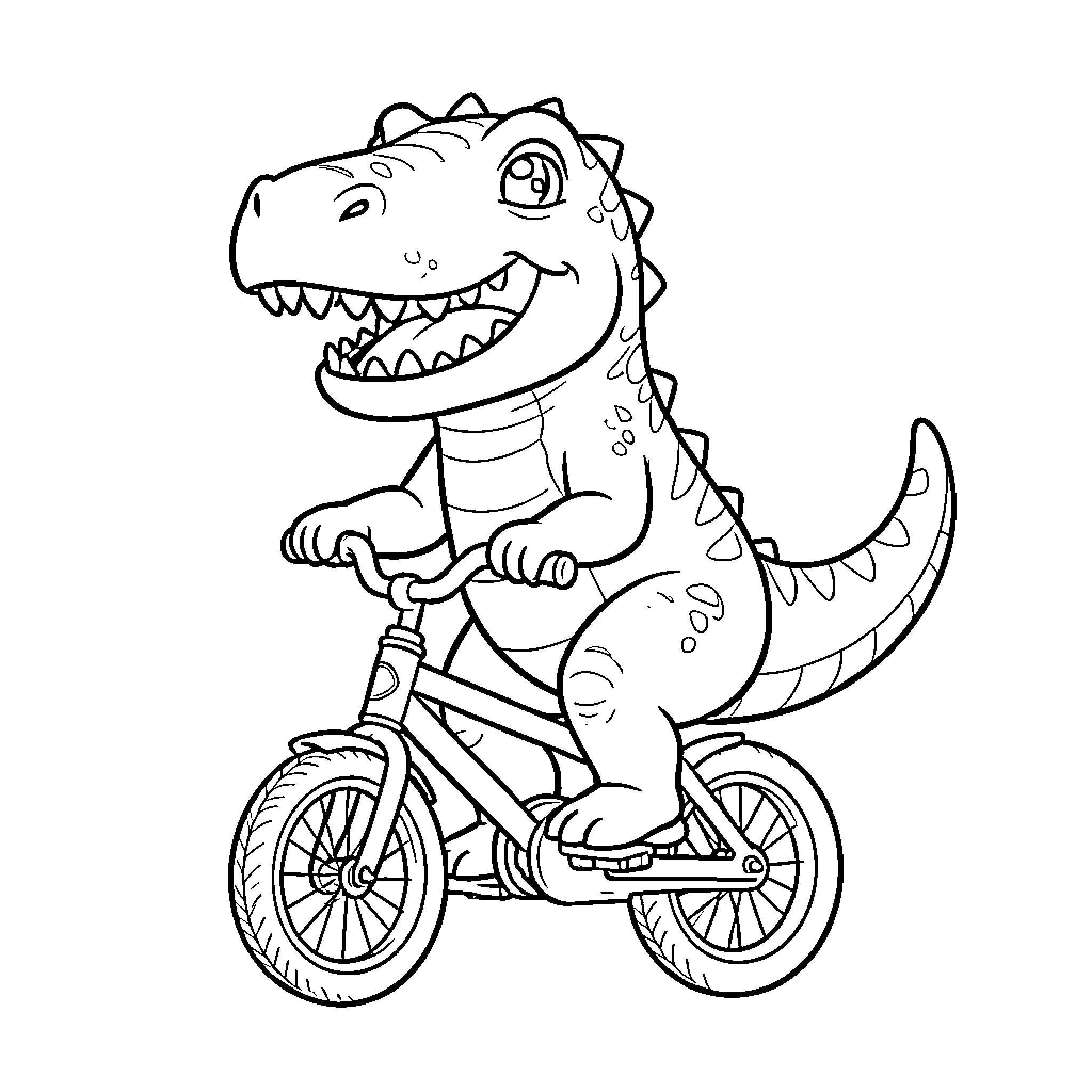 Dinosaur riding a bicycle with a happy expression Coloring Page (free black-and-white line drawing printable PDF for all, from beginners to advanced learners, including children, teens, adults, and seniors)