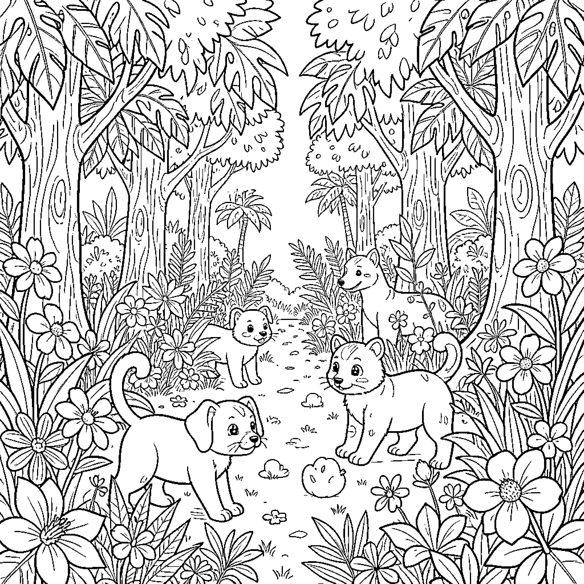 Animals playing in a lush, floral forest Coloring Page (free black-and-white line drawing printable PDF for all, from beginners to advanced learners, including children, teens, adults, and seniors)