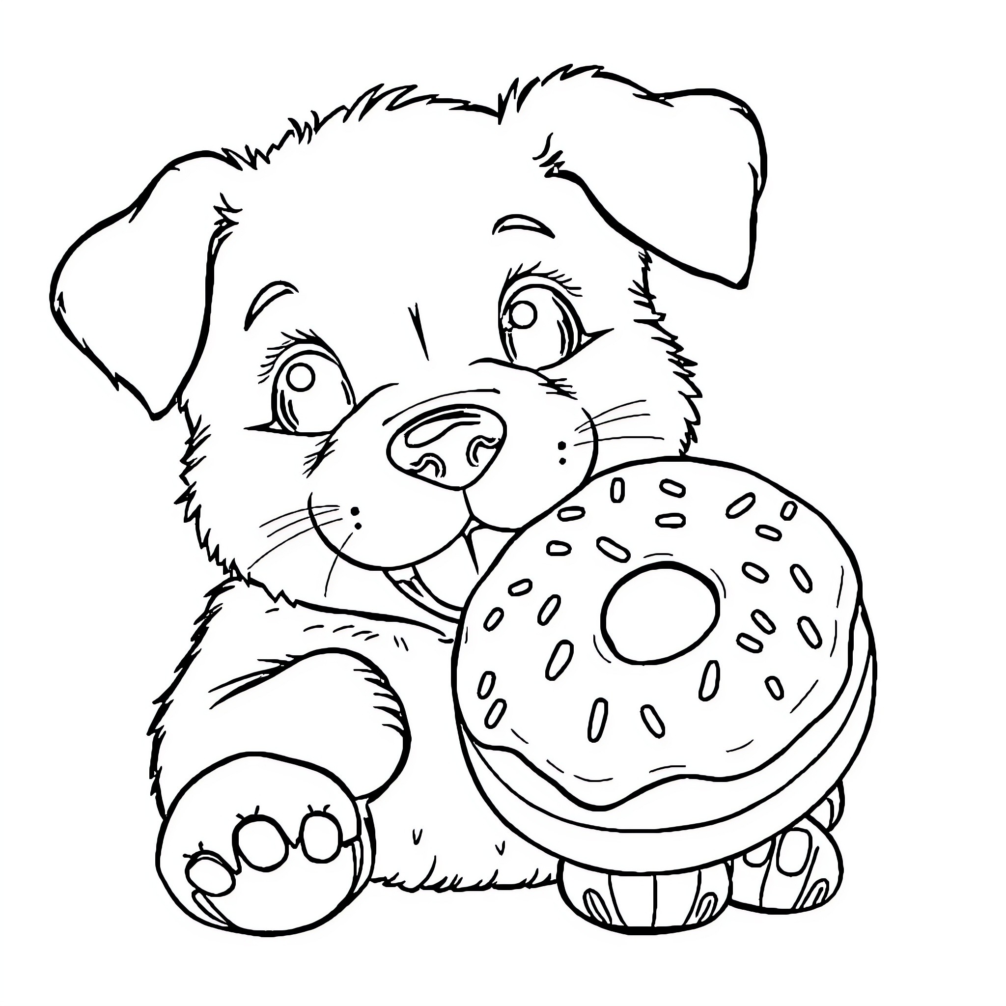 Puppy with Delightful Donut Coloring Page (free black-and-white line drawing printable PDF for all, from beginners to advanced learners, including children, teens, adults, and seniors)