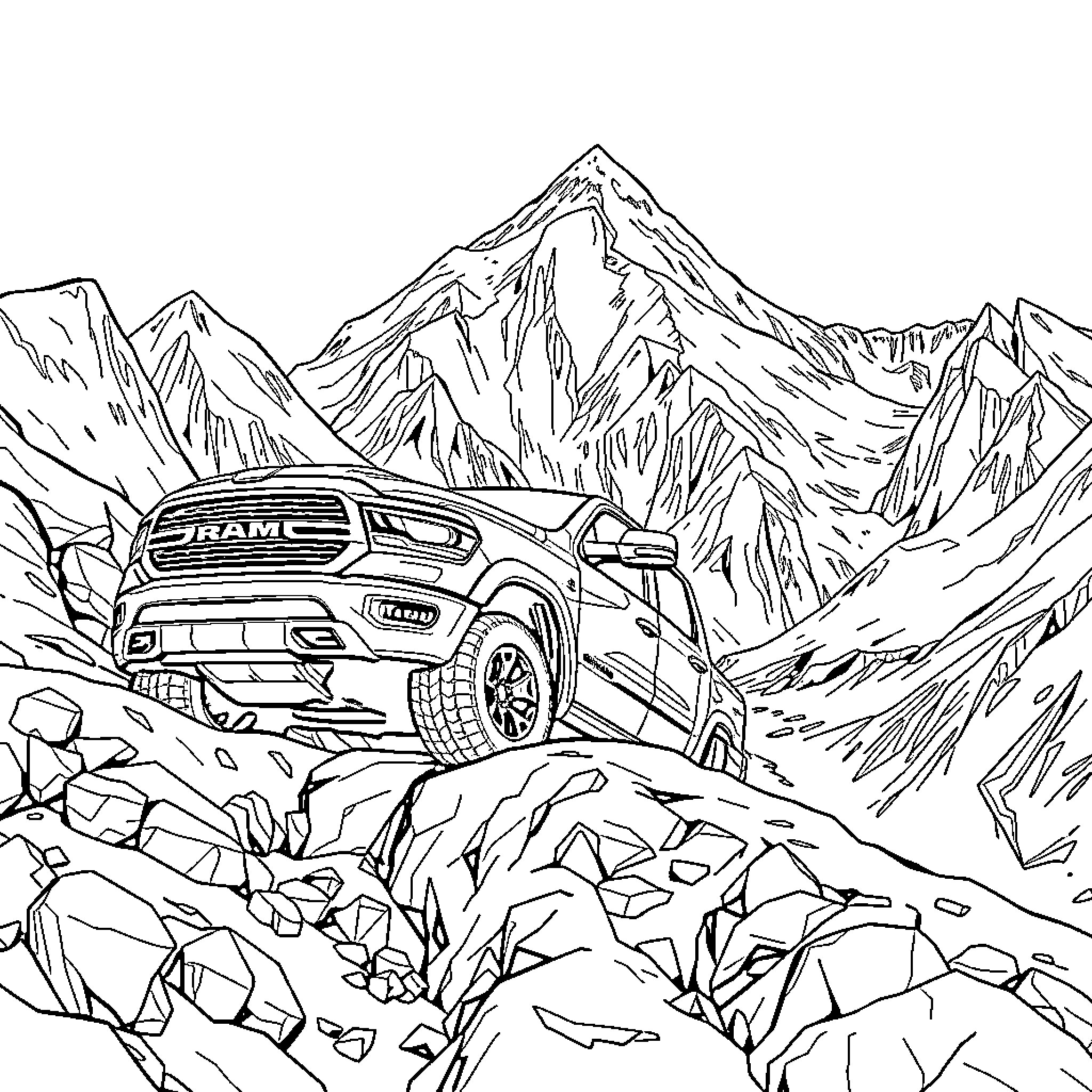 Ram Truck Navigating Rugged Mountain Terrain Coloring Page (free black-and-white line drawing printable PDF for all, from beginners to advanced learners, including children, teens, adults, and seniors)