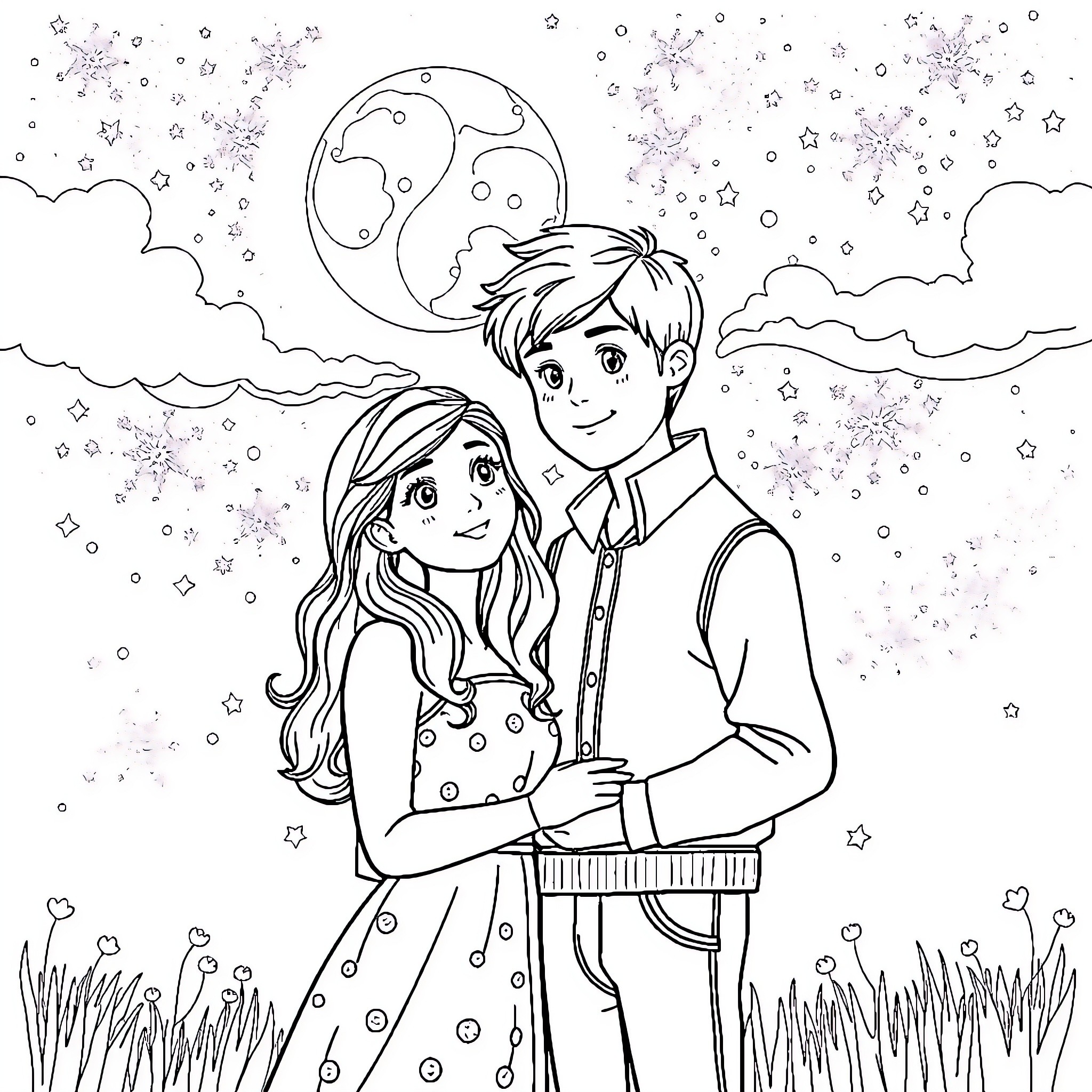 Kim and Lucas watching the starry night sky Coloring Page (free black-and-white line drawing printable PDF for all, from beginners to advanced learners, including children, teens, adults, and seniors)