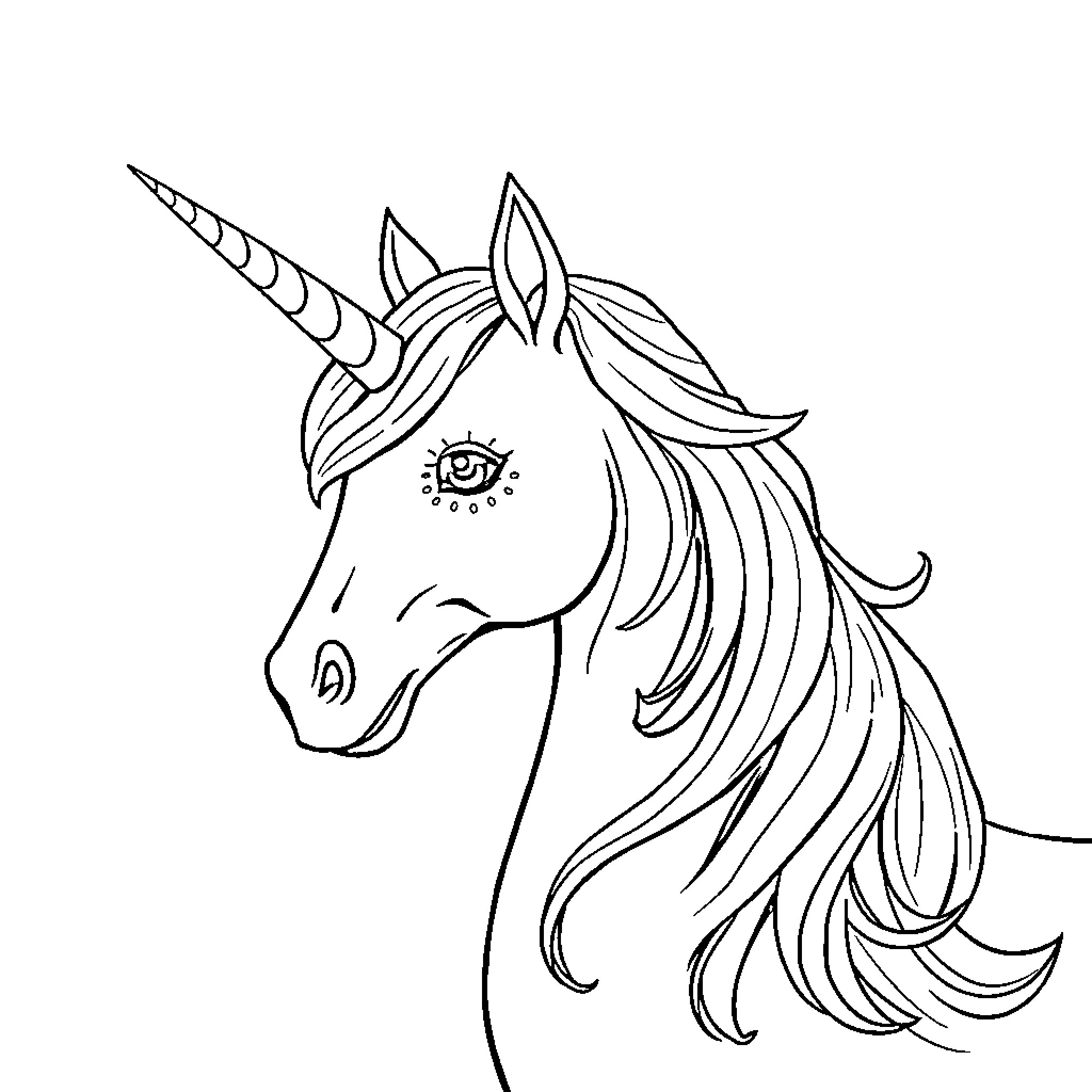 Unicorn with intricate horn and flowing mane Coloring Page (free black-and-white line drawing printable PDF for all, from beginners to advanced learners, including children, teens, adults, and seniors)