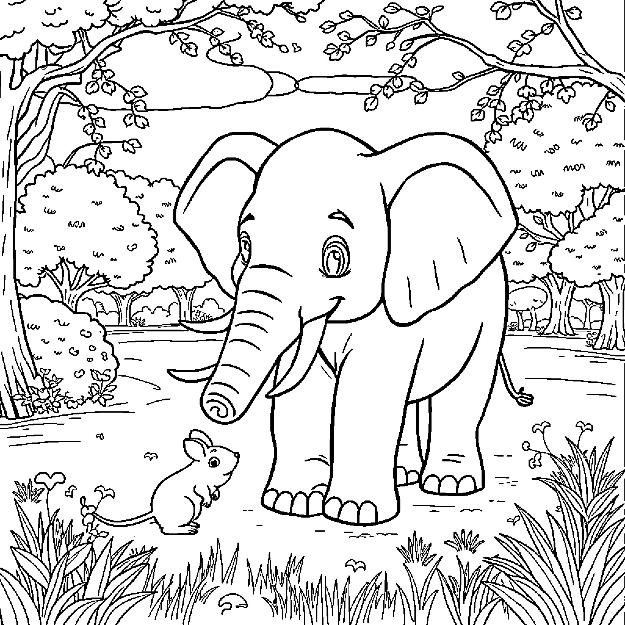 Elephant exploring the lush forest landscape Coloring Page (free black-and-white line drawing printable PDF for all, from beginners to advanced learners, including children, teens, adults, and seniors)