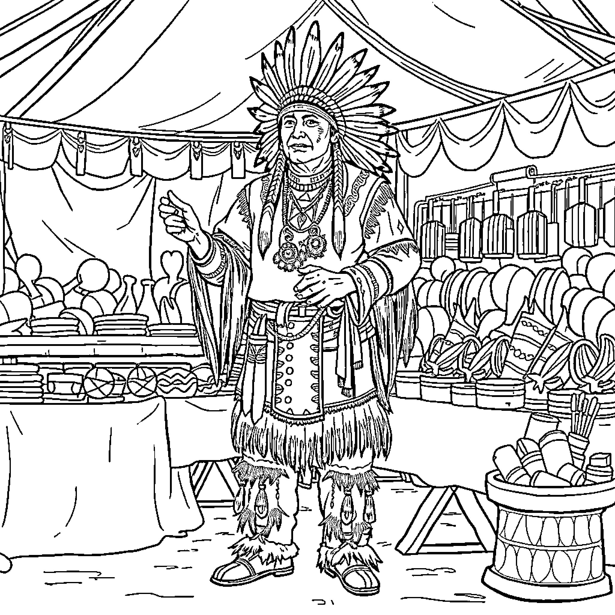 Native American man in ceremonial dress at a festival Coloring Page (free black-and-white line drawing printable PDF for all, from beginners to advanced learners, including children, teens, adults, and seniors)