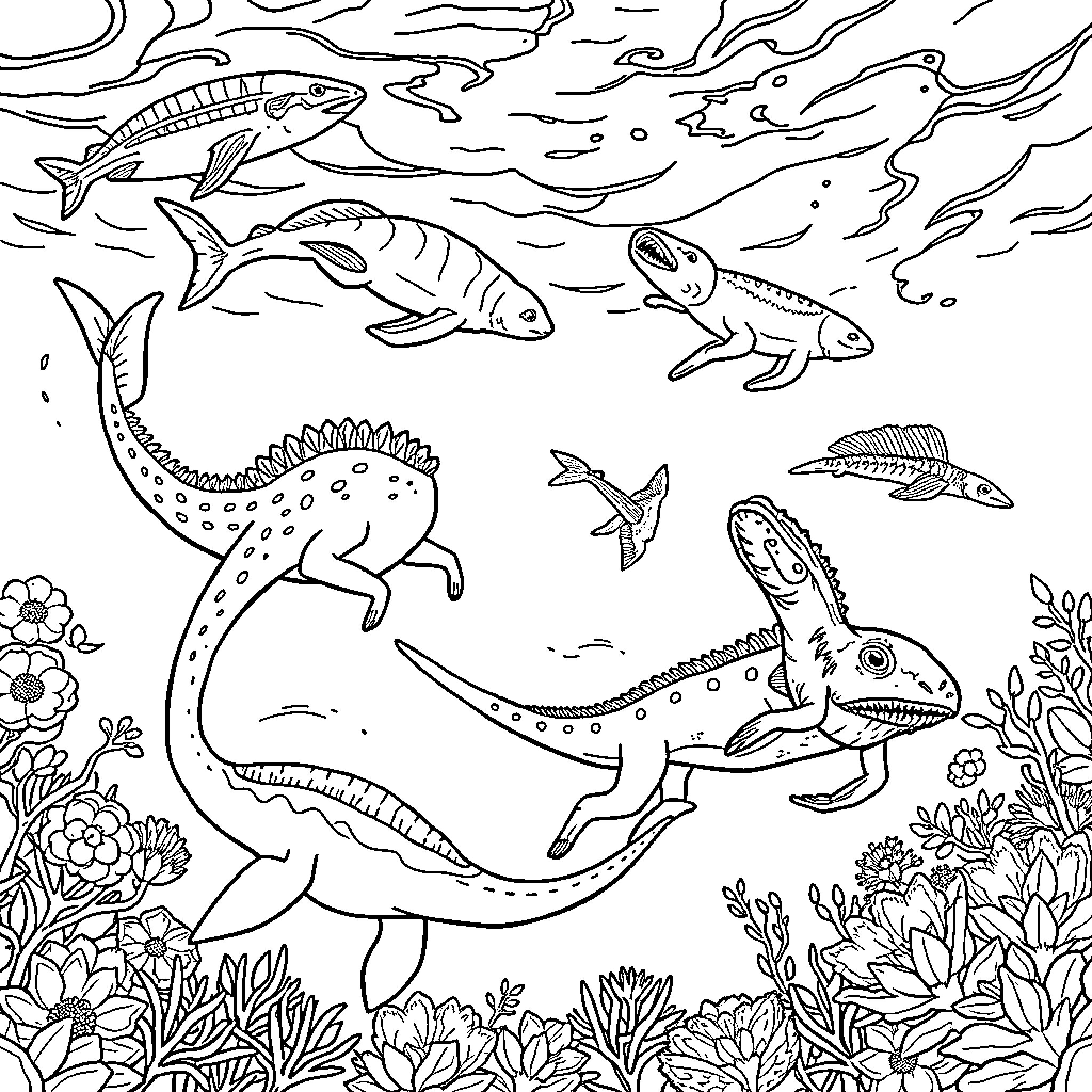 Sea Animals Swimming Among Underwater Plants Coloring Page (free black-and-white line drawing printable PDF for all, from beginners to advanced learners, including children, teens, adults, and seniors)