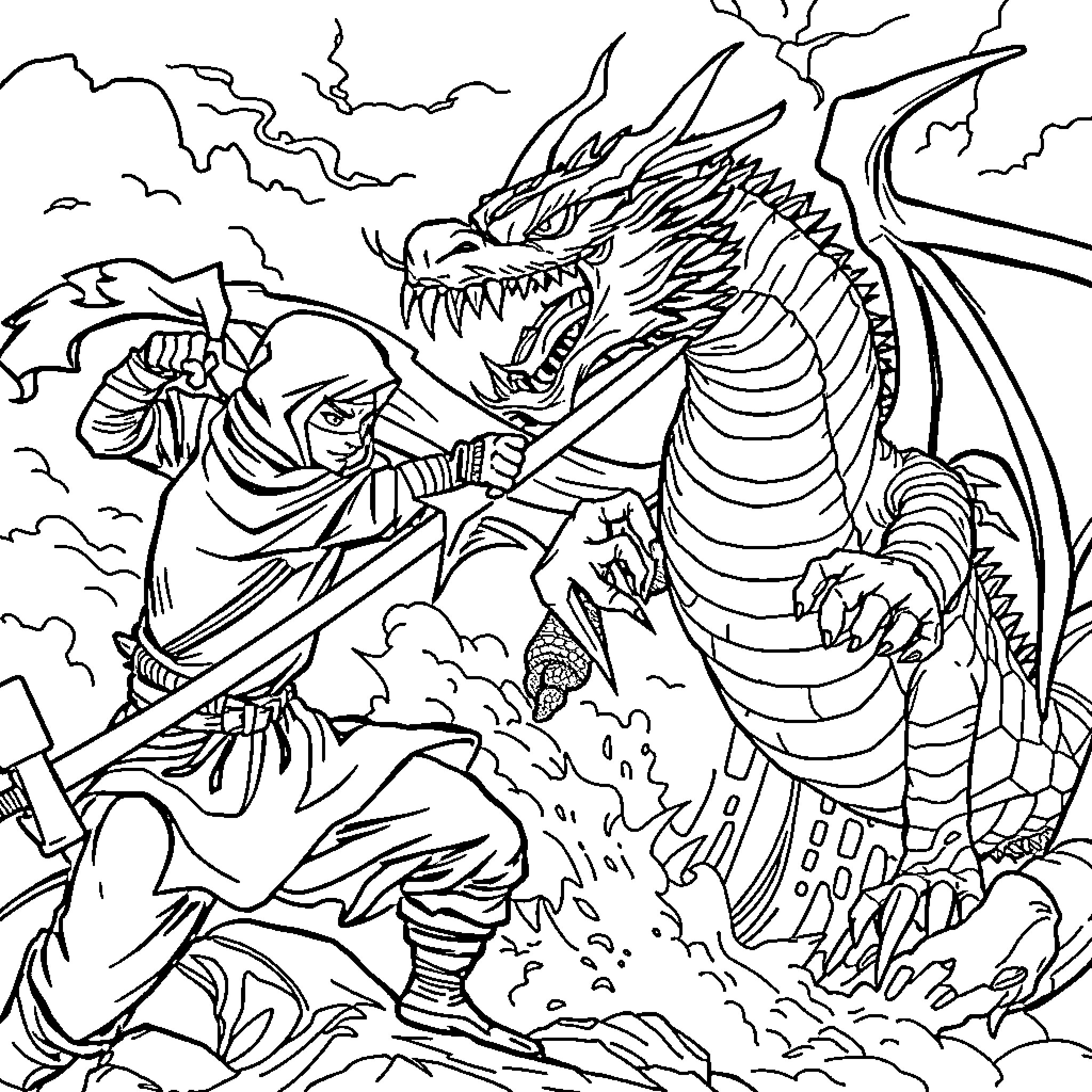 Ninja battling a fearsome dragon Coloring Page (free black-and-white line drawing printable PDF for all, from beginners to advanced learners, including children, teens, adults, and seniors)