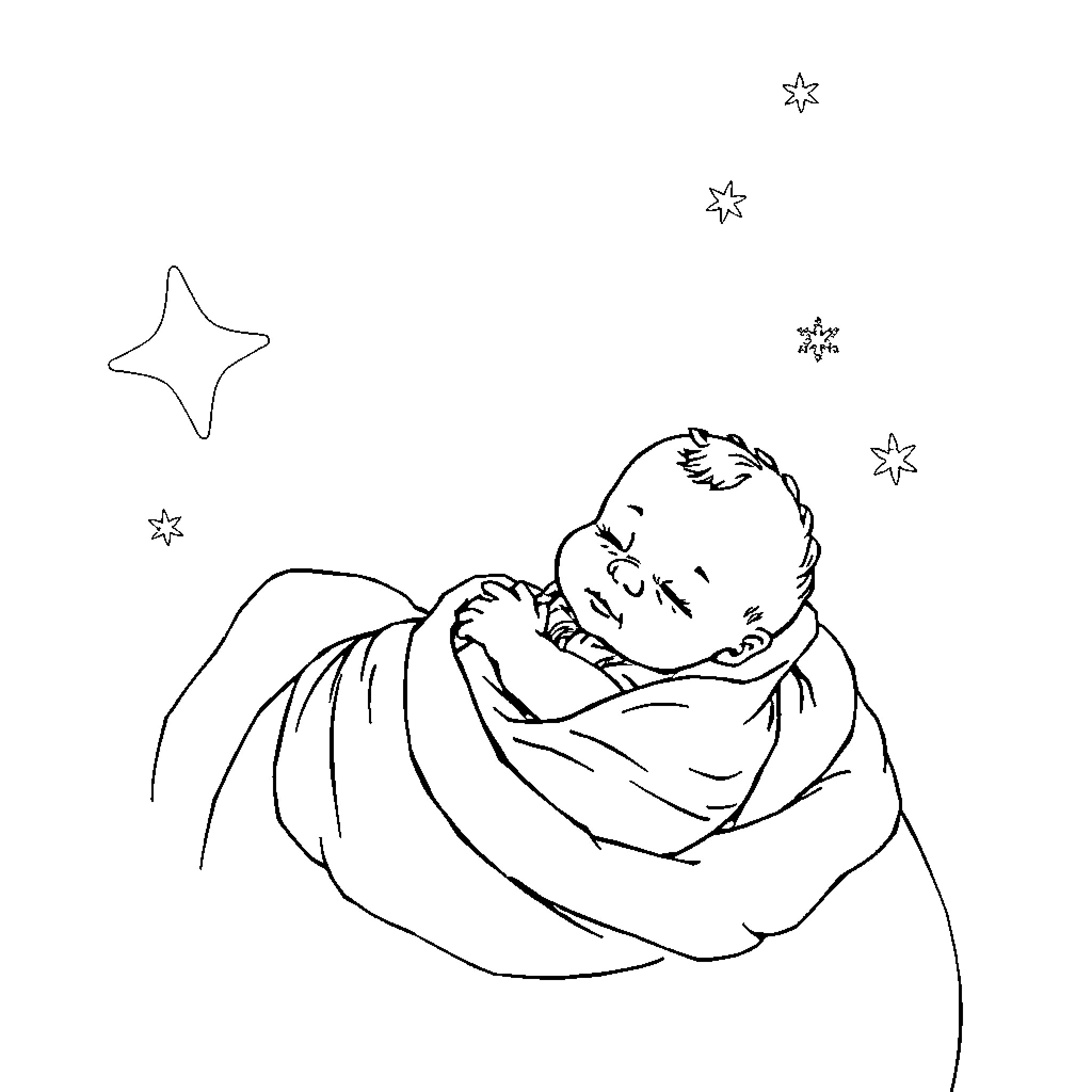 Bebe sleeping peacefully under the stars Coloring Page (free black-and-white line drawing printable PDF for all, from beginners to advanced learners, including children, teens, adults, and seniors)