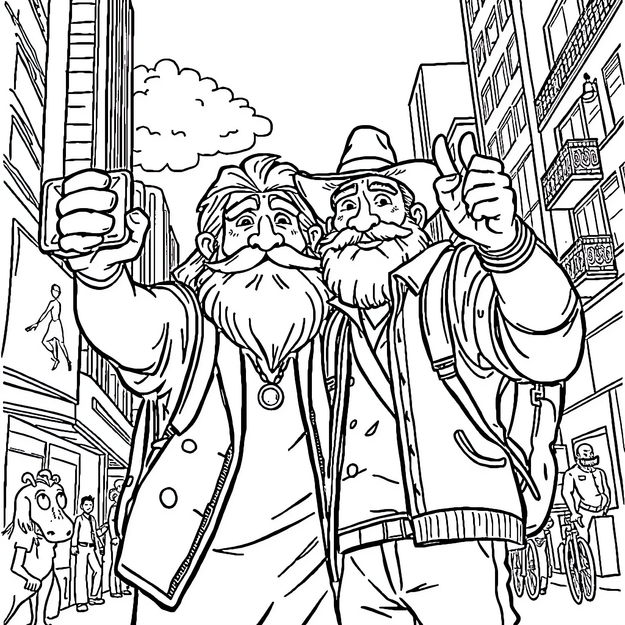 Dios Celebrates the Joyous Camaraderie of City Dwellers Coloring Page (free black-and-white line drawing printable PDF for all, from beginners to advanced learners, including children, teens, adults, and seniors)
