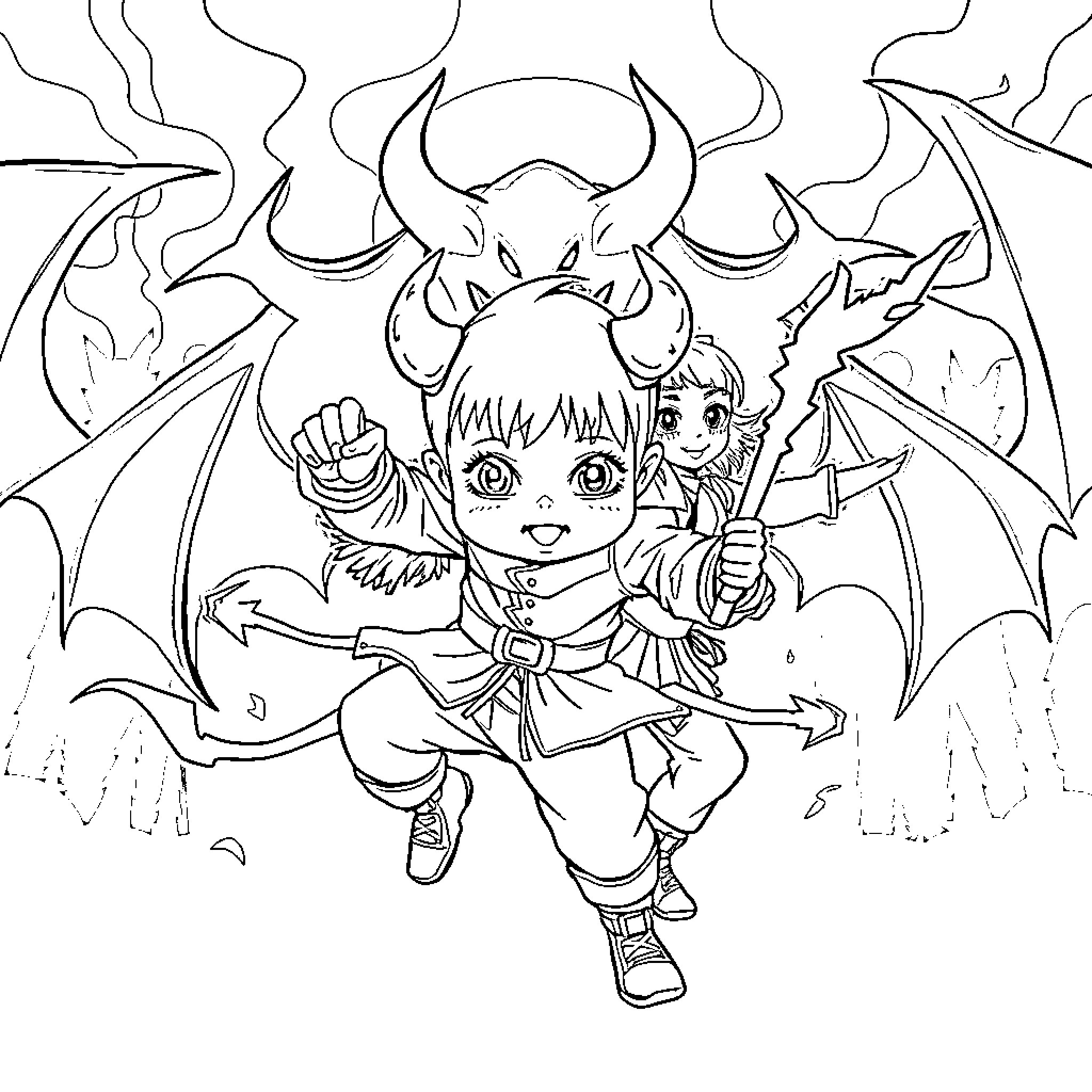 Baby demon child with horns and wings Coloring Page (free black-and-white line drawing printable PDF for all, from beginners to advanced learners, including children, teens, adults, and seniors)