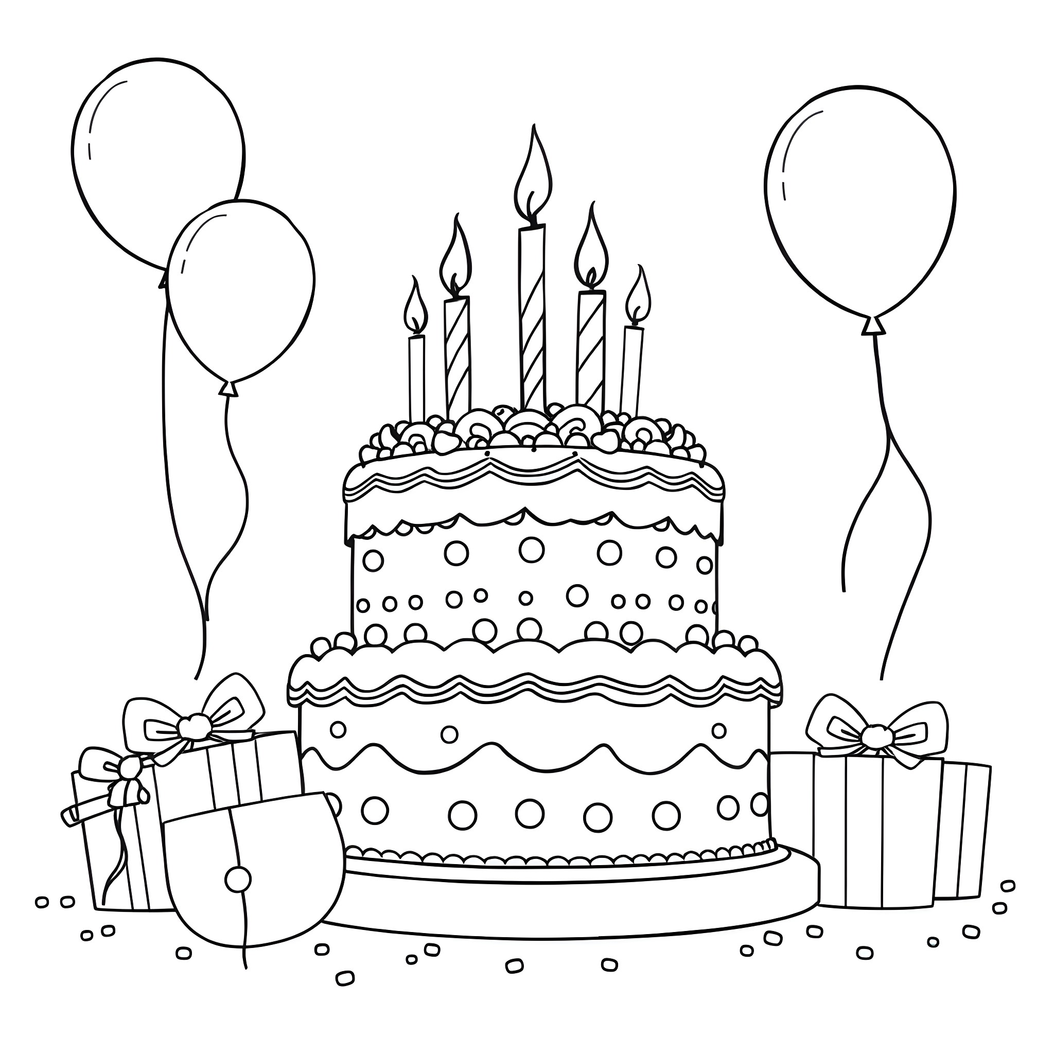 Cake with Candles, Balloons, and Gifts Coloring Page (free black-and-white line drawing printable PDF for all, from beginners to advanced learners, including children, teens, adults, and seniors)