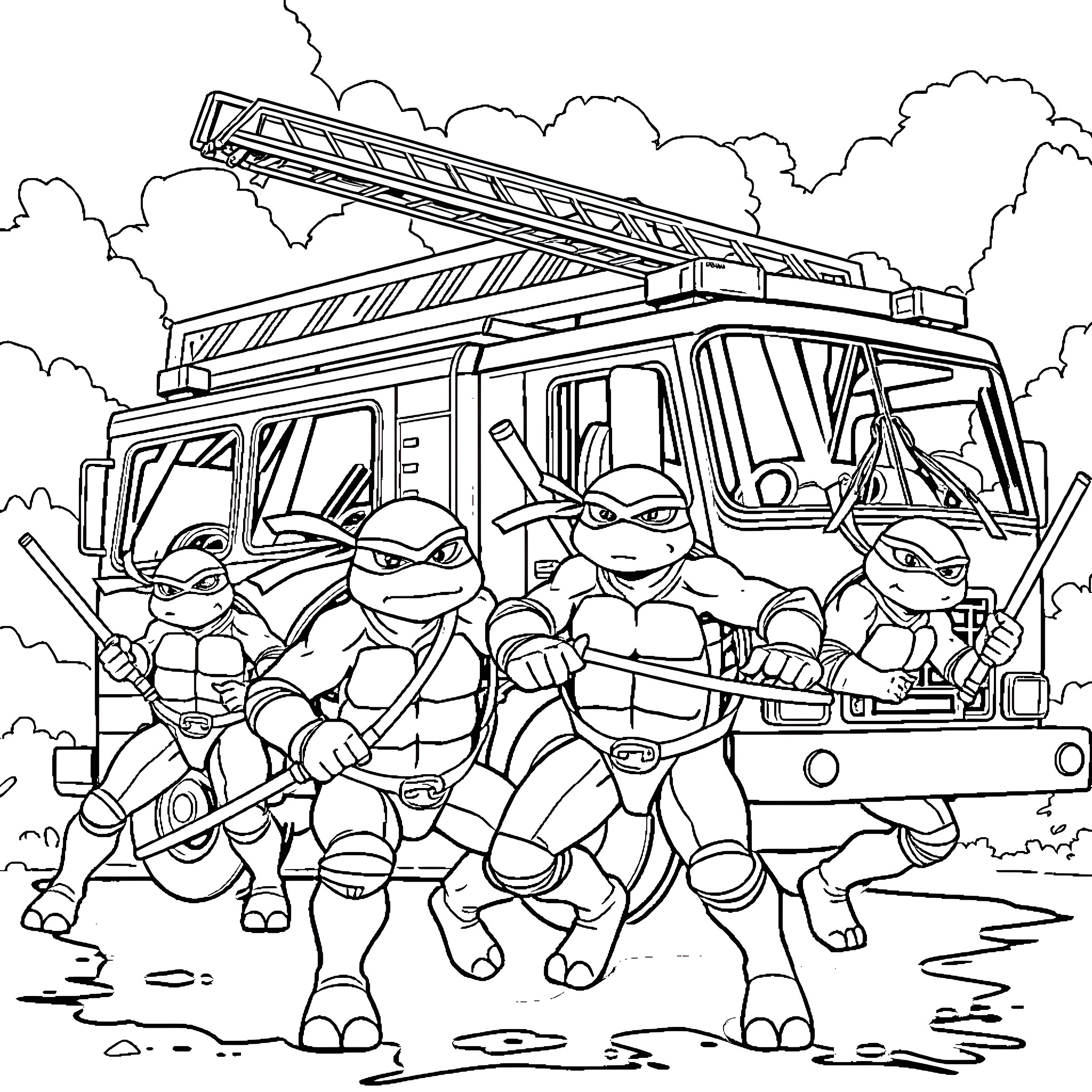 Ninja Turtle Turtles Saving the Day on Fire Truck Coloring Page (free black-and-white line drawing printable PDF for all, from beginners to advanced learners, including children, teens, adults, and seniors)