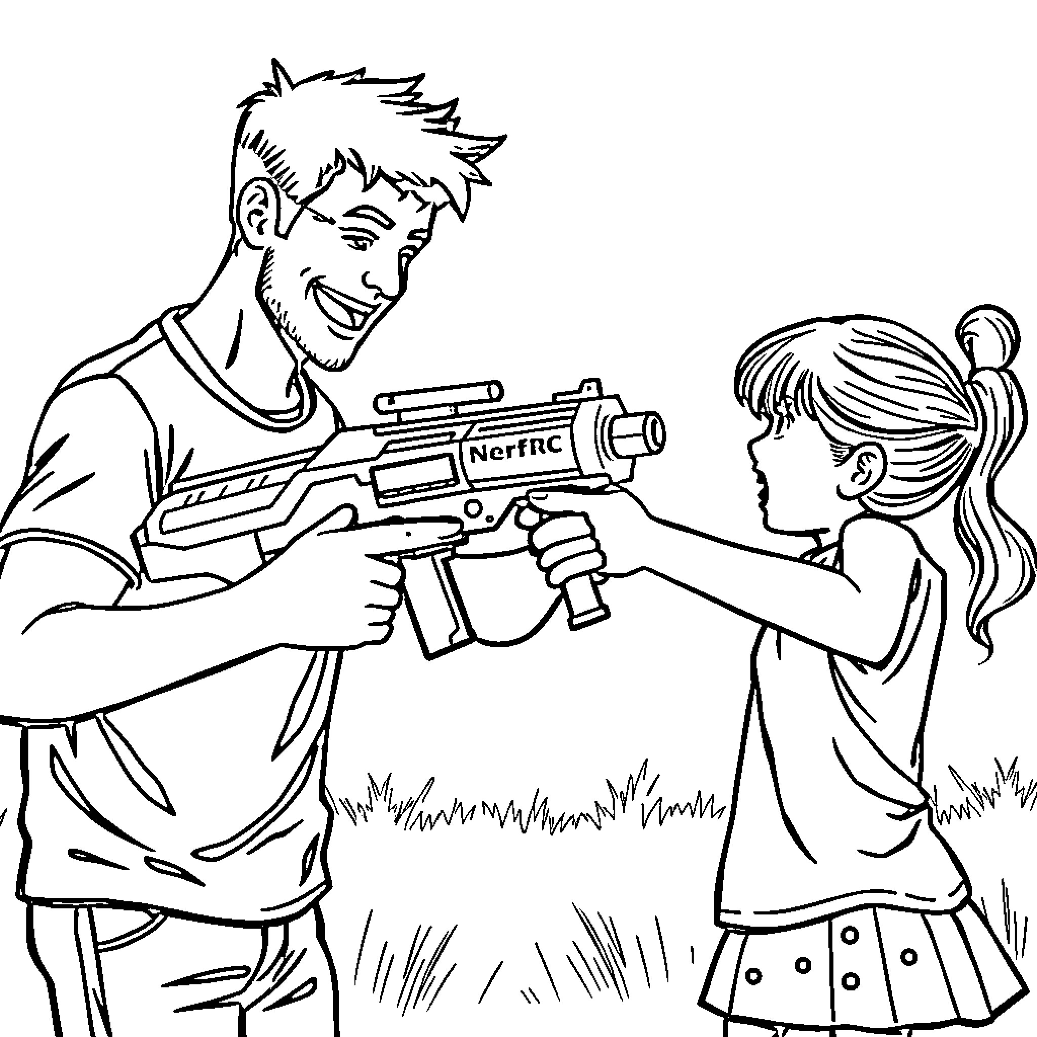 Nerf Gun Battle Between Young Girl and Boy Coloring Page (free black-and-white line drawing printable PDF for all, from beginners to advanced learners, including children, teens, adults, and seniors)