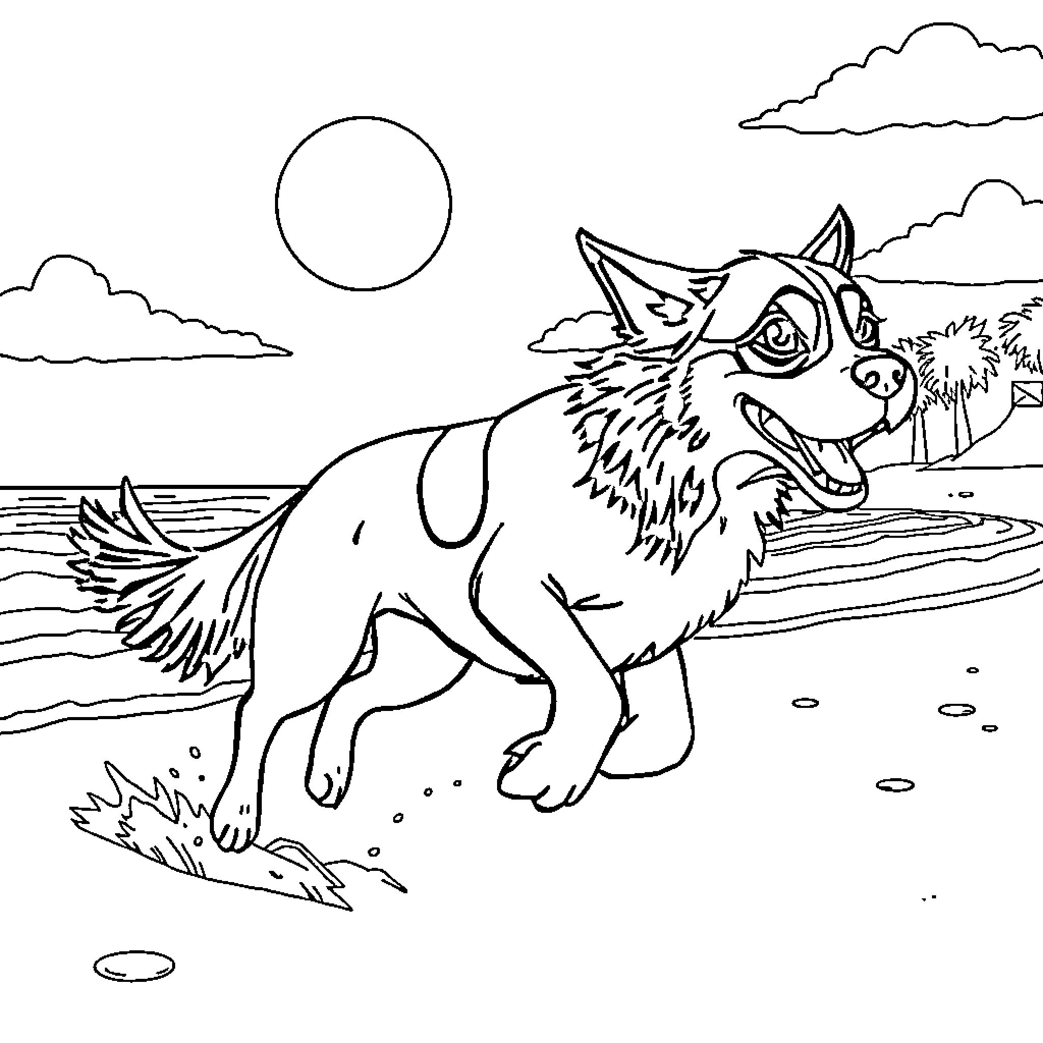 Peruvian Dog running playfully on the beach Coloring Page (free black-and-white line drawing printable PDF for all, from beginners to advanced learners, including children, teens, adults, and seniors)