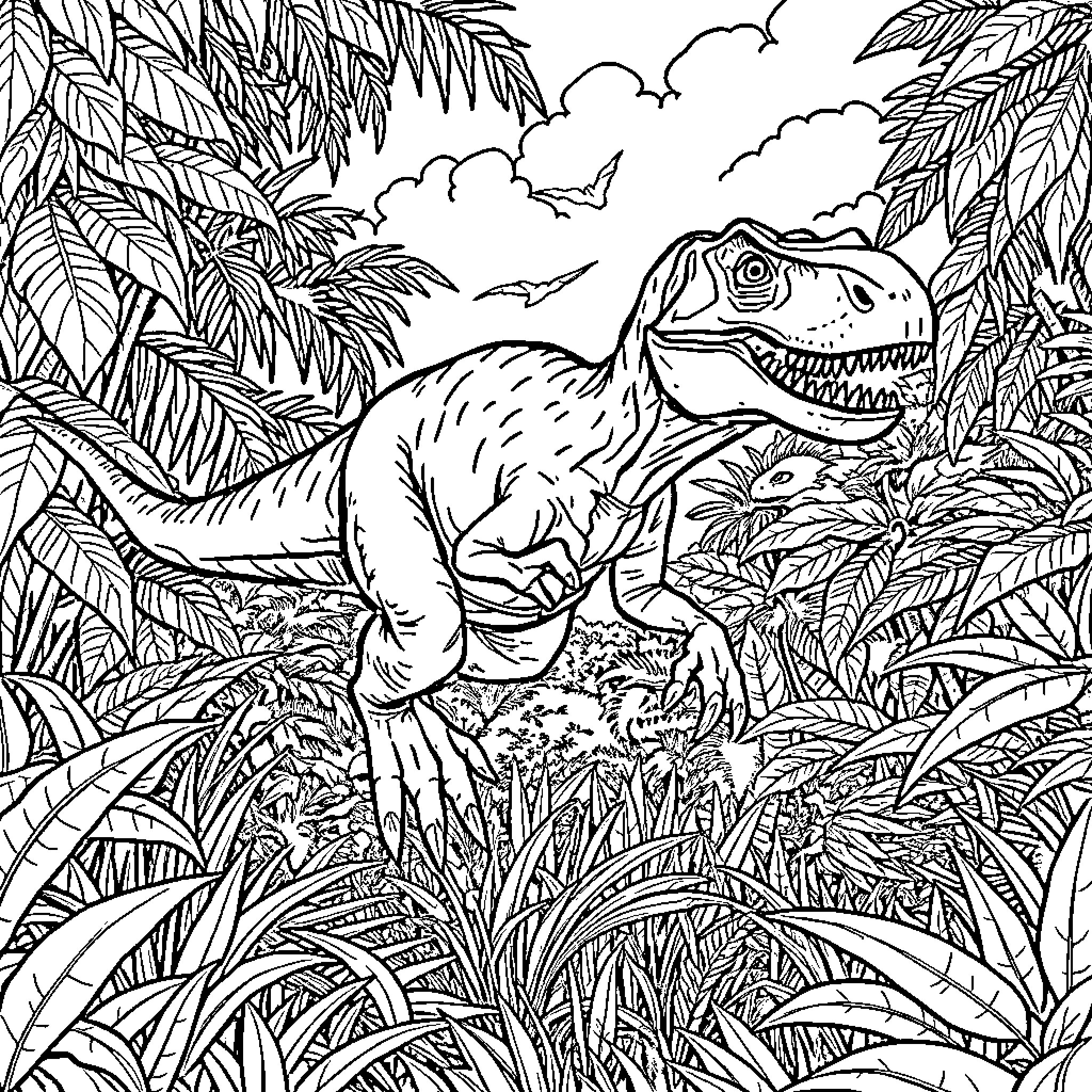 Velociraptor hunting in the jungle Coloring Page (free black-and-white line drawing printable PDF for all, from beginners to advanced learners, including children, teens, adults, and seniors)