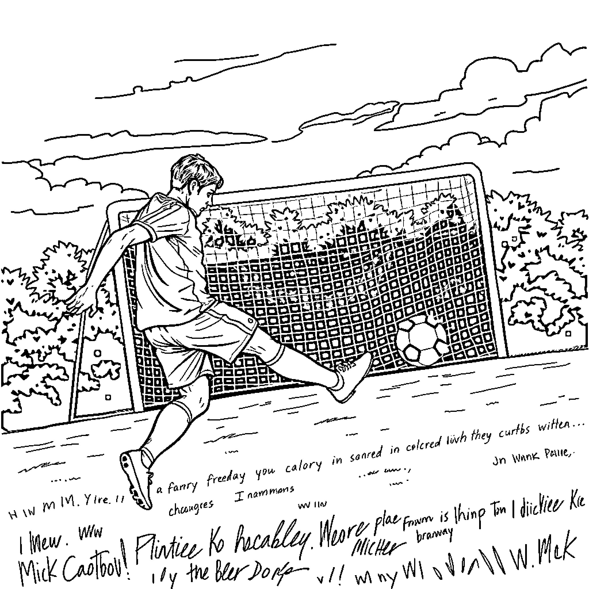 Footballer practicing free kicks on the field Coloring Page (free black-and-white line drawing printable PDF for all, from beginners to advanced learners, including children, teens, adults, and seniors)