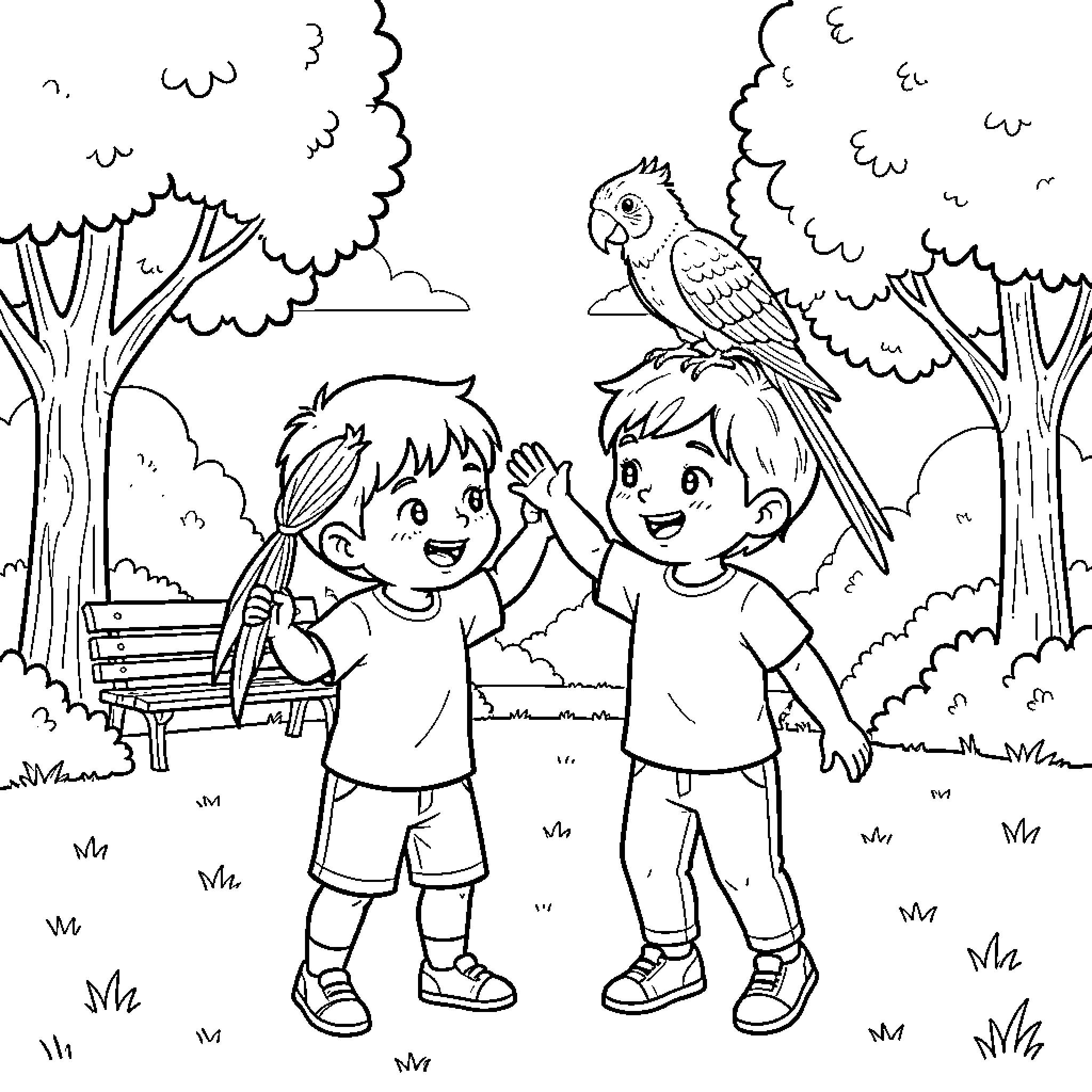Parrot and Friends Enjoy the Outdoors Coloring Page (free black-and-white line drawing printable PDF for all, from beginners to advanced learners, including children, teens, adults, and seniors)