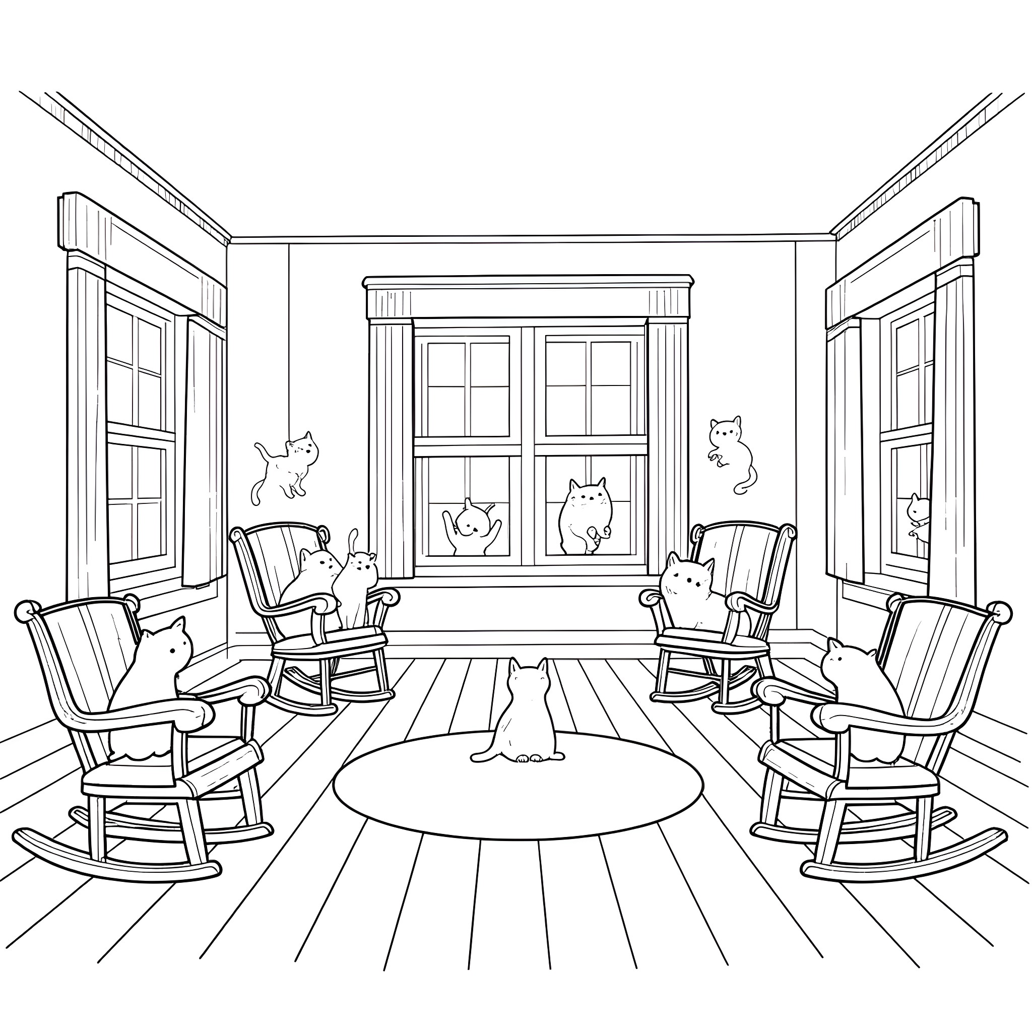 Cats relaxing in cozy living room Coloring Page (free black-and-white line drawing printable PDF for all, from beginners to advanced learners, including children, teens, adults, and seniors)