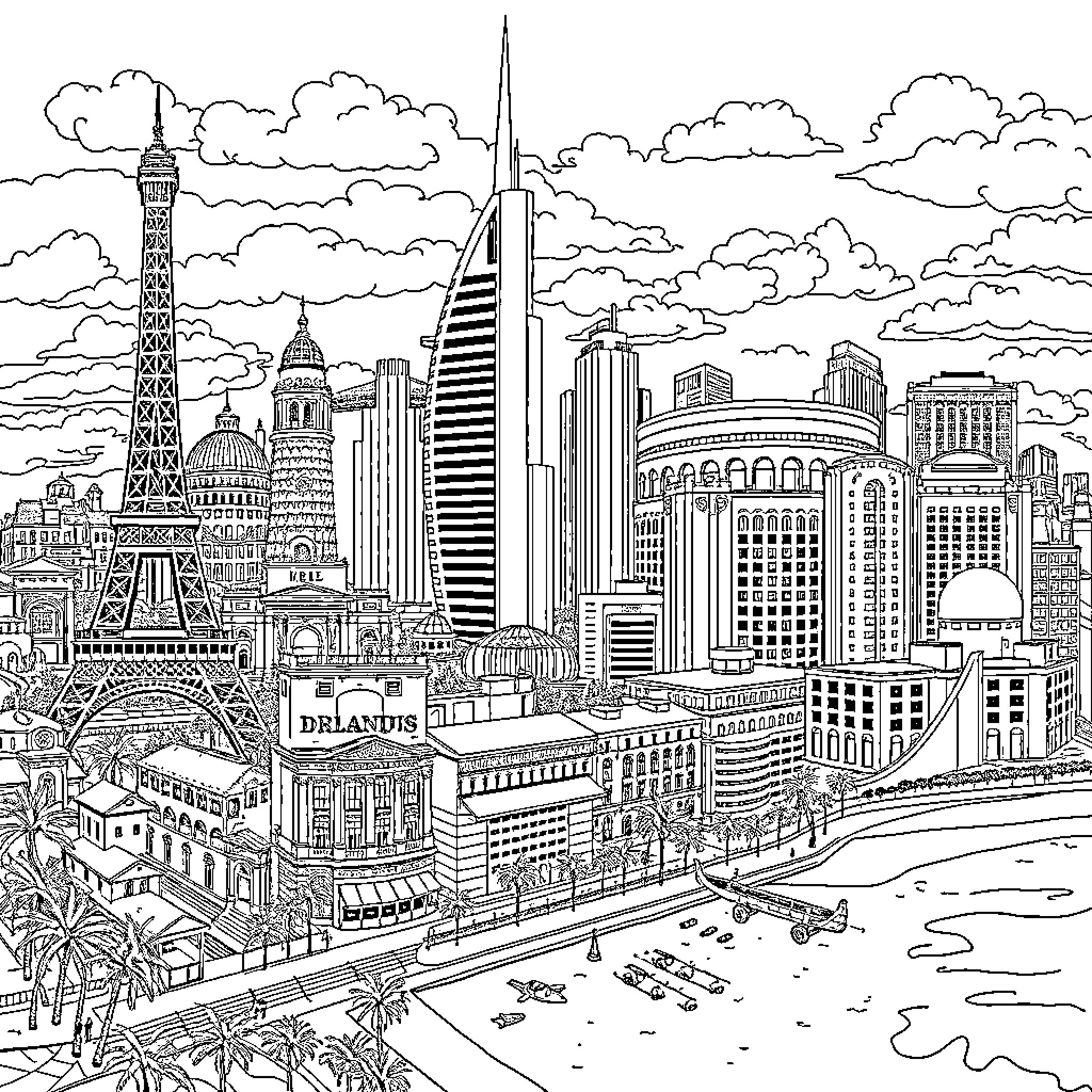 City of skyscrapers and landmarks in the sky Coloring Page (free black-and-white line drawing printable PDF for all, from beginners to advanced learners, including children, teens, adults, and seniors)