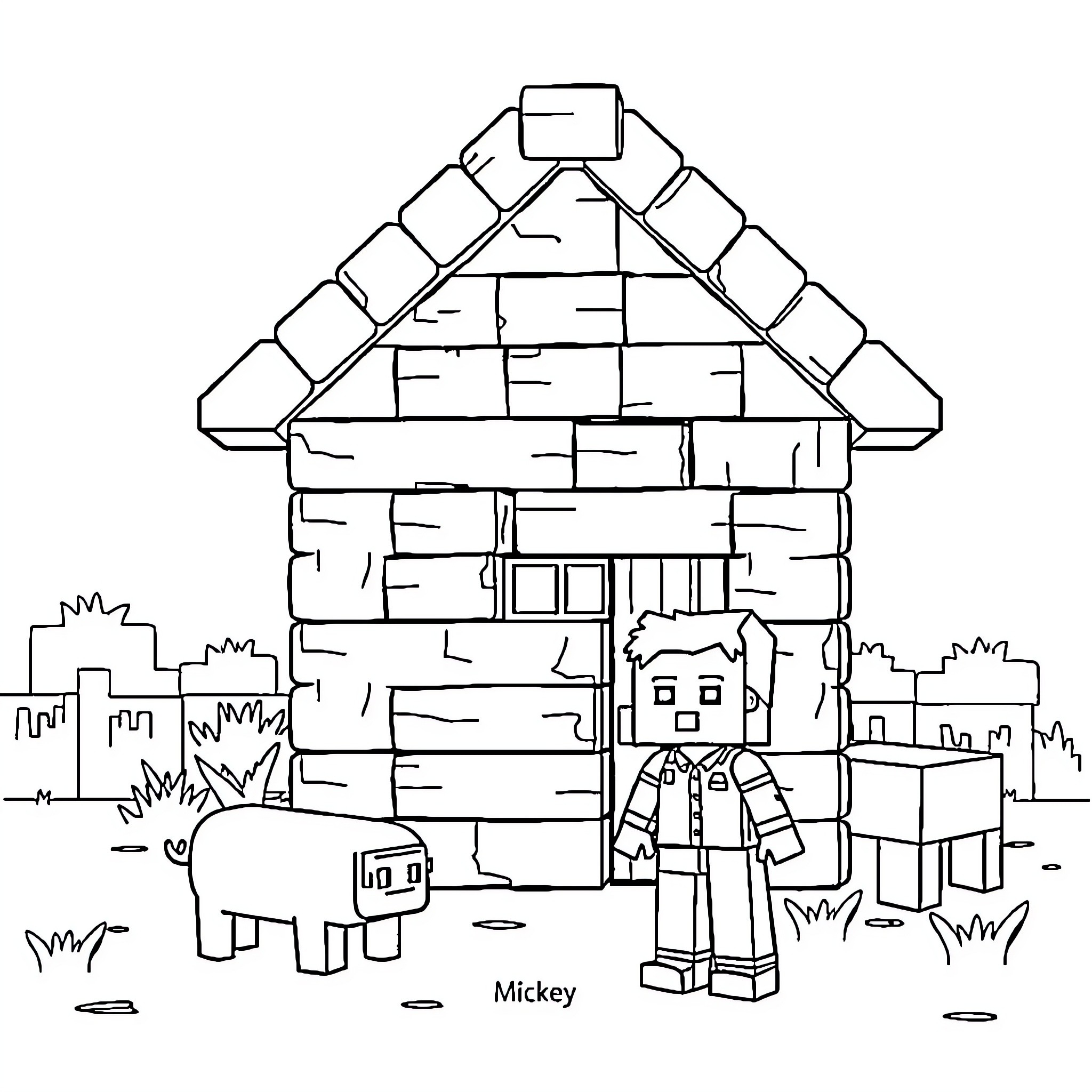House with robotic figure in a pixelated landscape Coloring Page (free black-and-white line drawing printable PDF for all, from beginners to advanced learners, including children, teens, adults, and seniors)