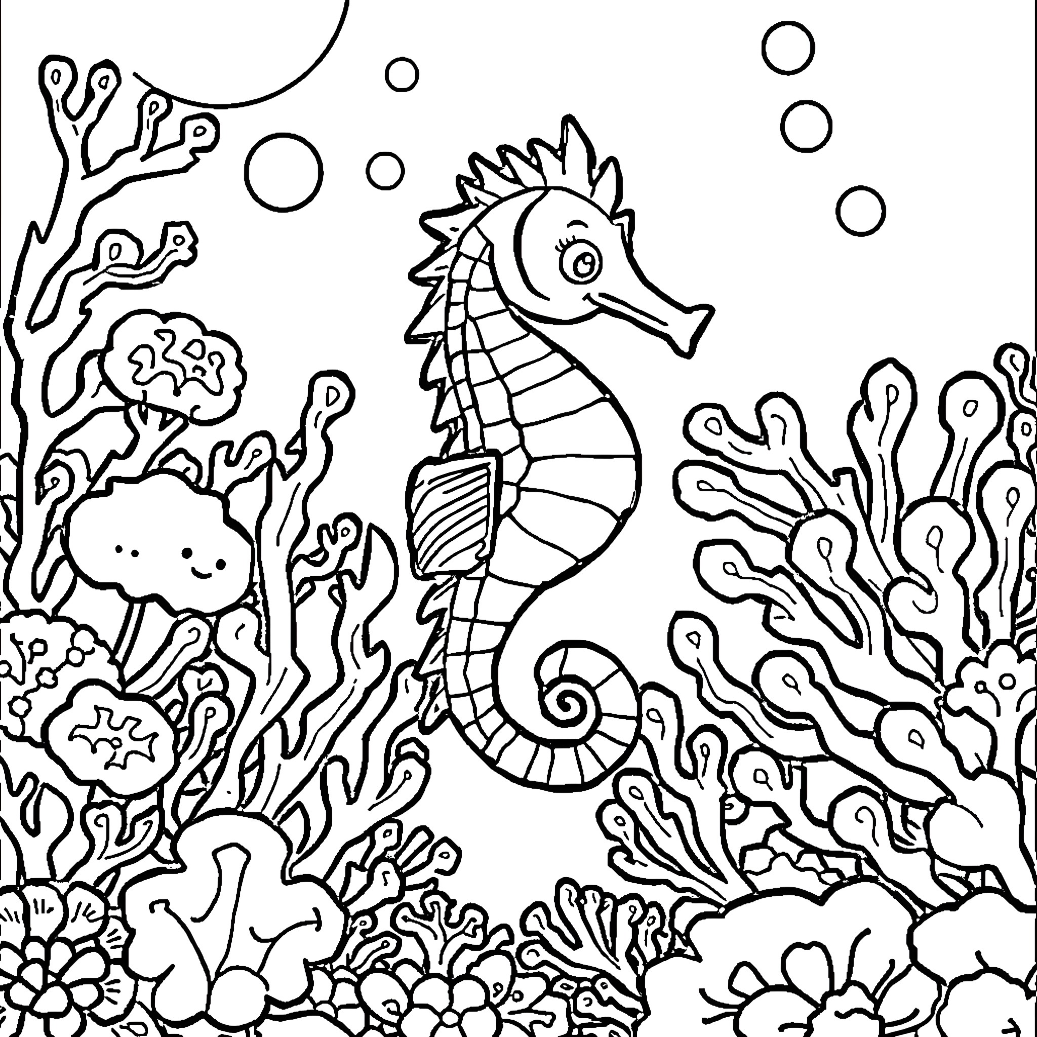 Seahorse swimming among coral and marine life Coloring Page (free black-and-white line drawing printable PDF for all, from beginners to advanced learners, including children, teens, adults, and seniors)