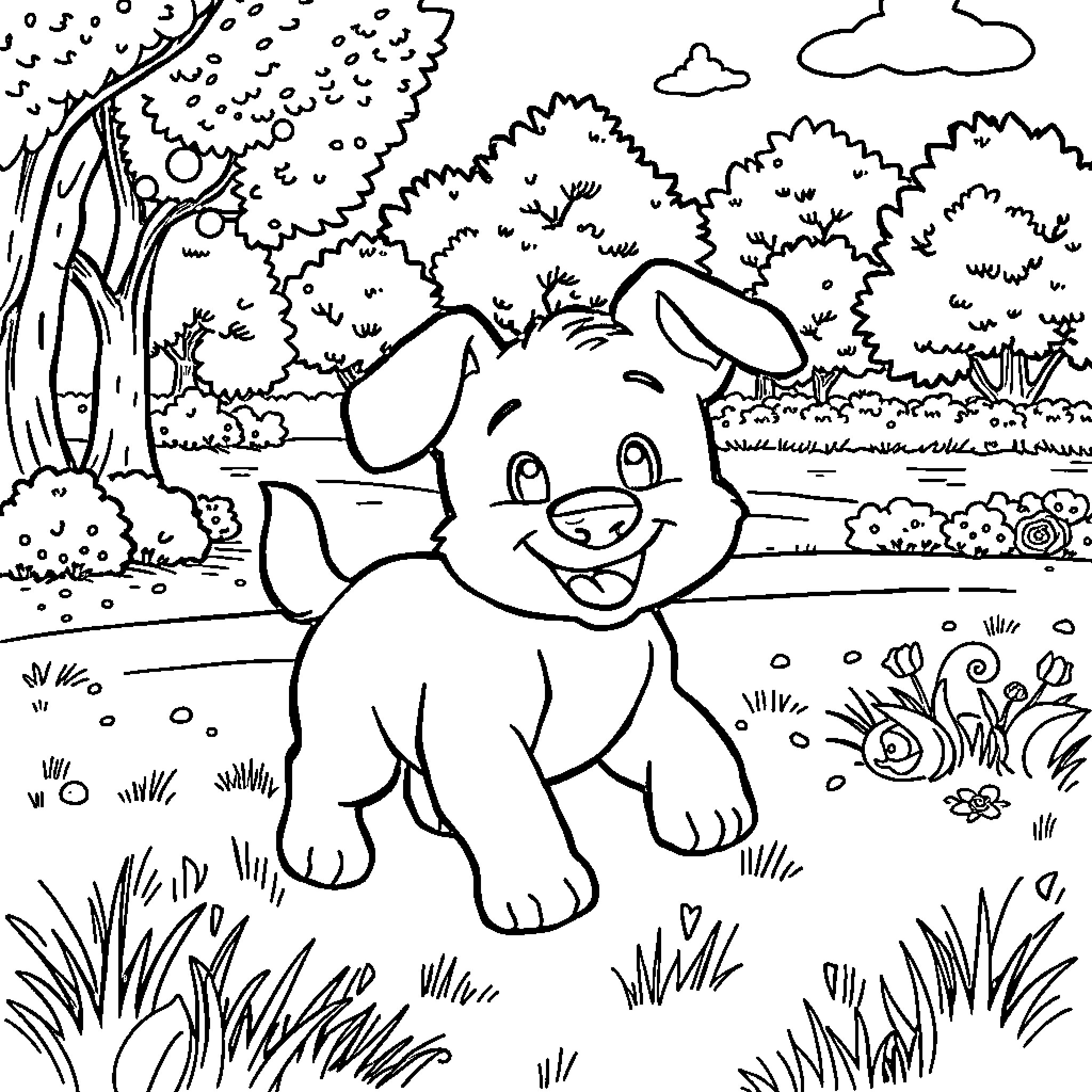 Bluey playing in the outdoor scenery Coloring Page (free black-and-white line drawing printable PDF for all, from beginners to advanced learners, including children, teens, adults, and seniors)
