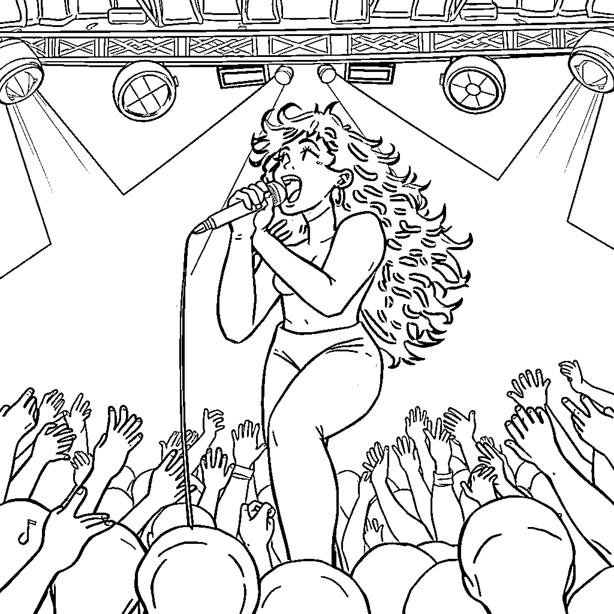Huntrix Performing on Stage with Energetic Crowd Coloring Page (free black-and-white line drawing printable PDF for all, from beginners to advanced learners, including children, teens, adults, and seniors)