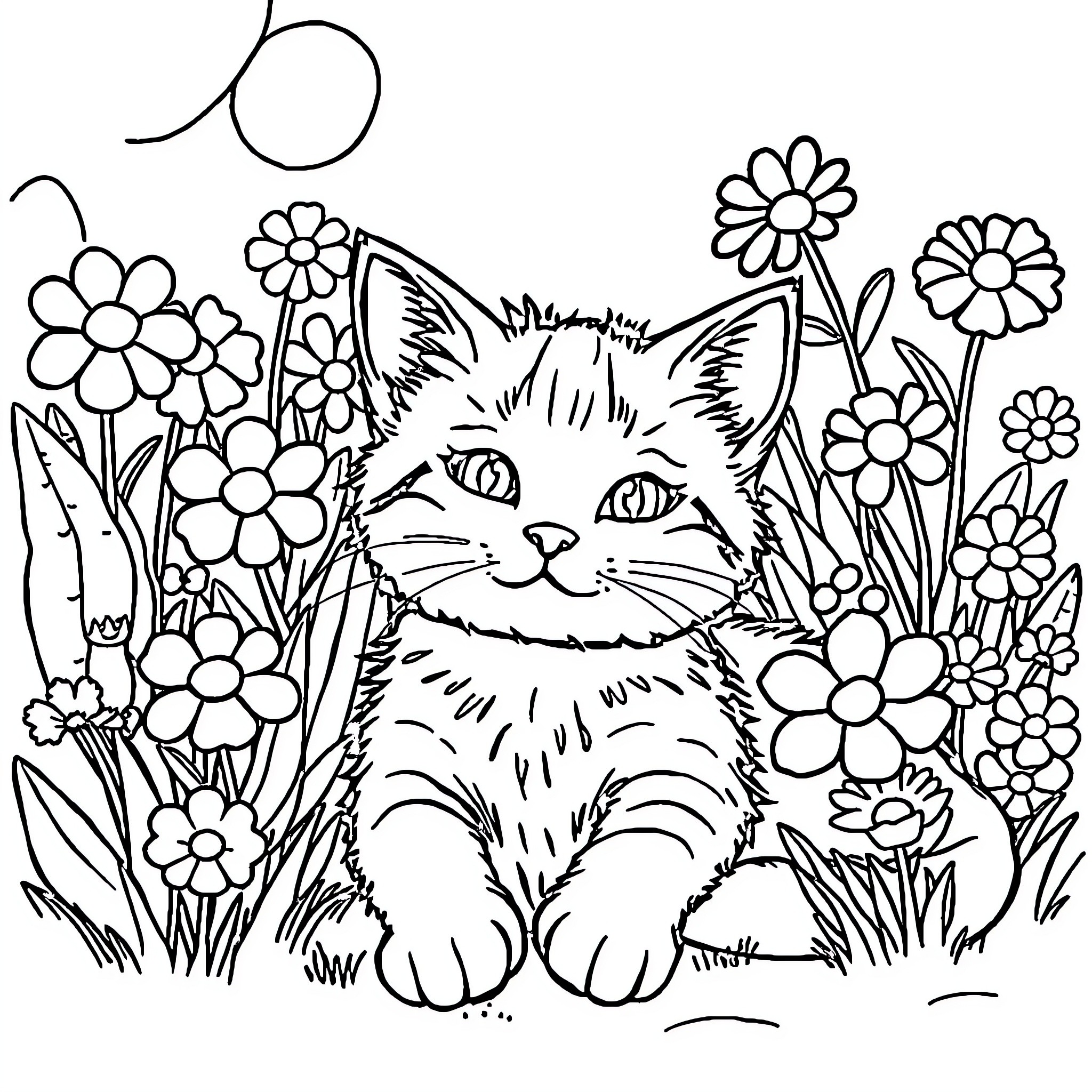 Kitty playing in a floral garden Coloring Page (free black-and-white line drawing printable PDF for all, from beginners to advanced learners, including children, teens, adults, and seniors)