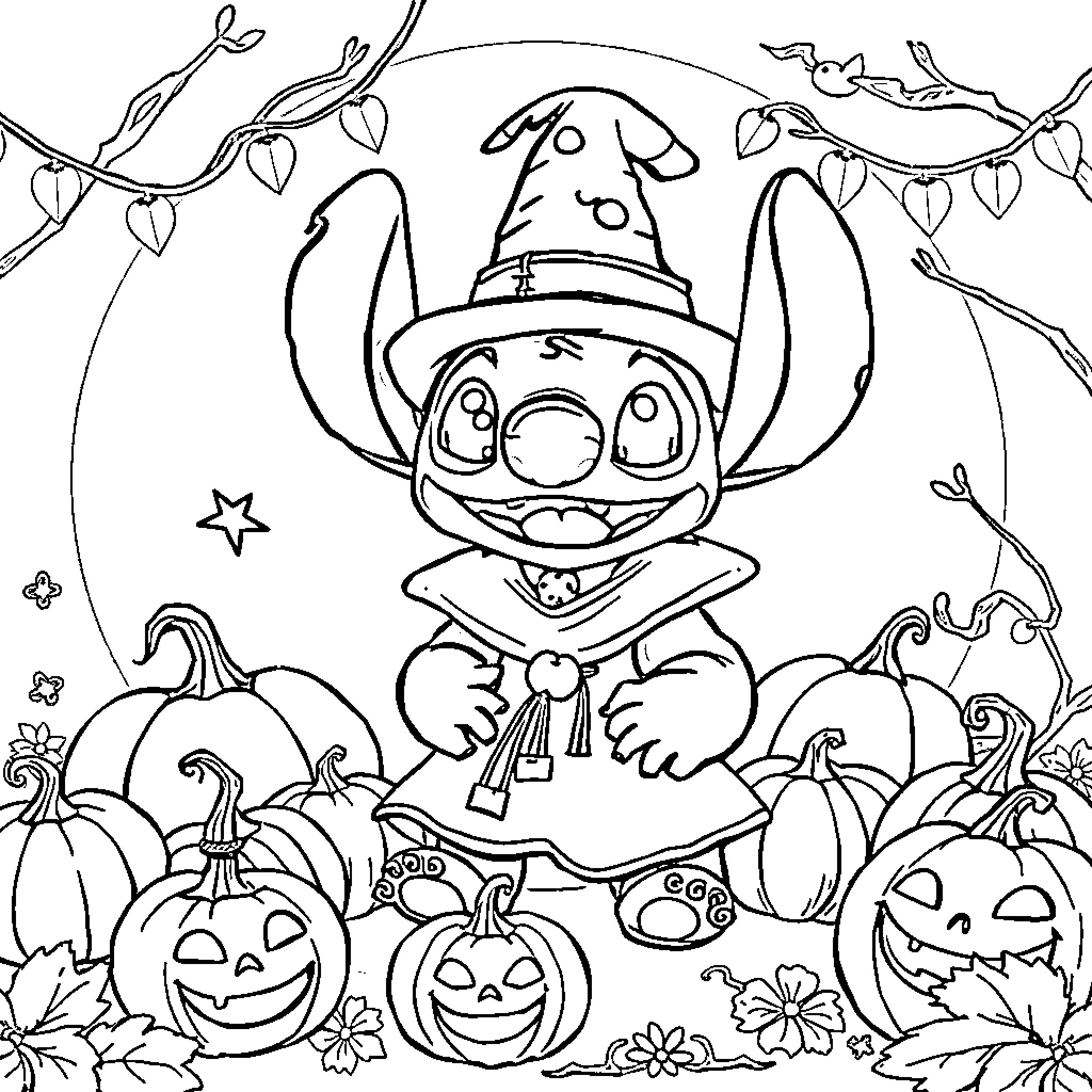 Stitch playing happily with pumpkins on Halloween Coloring Page (free black-and-white line drawing printable PDF for all, from beginners to advanced learners, including children, teens, adults, and seniors)