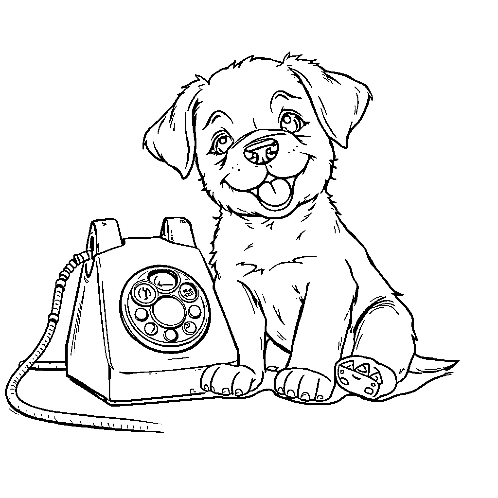 Puppy playing with telephone and chew toy Coloring Page (free black-and-white line drawing printable PDF for all, from beginners to advanced learners, including children, teens, adults, and seniors)