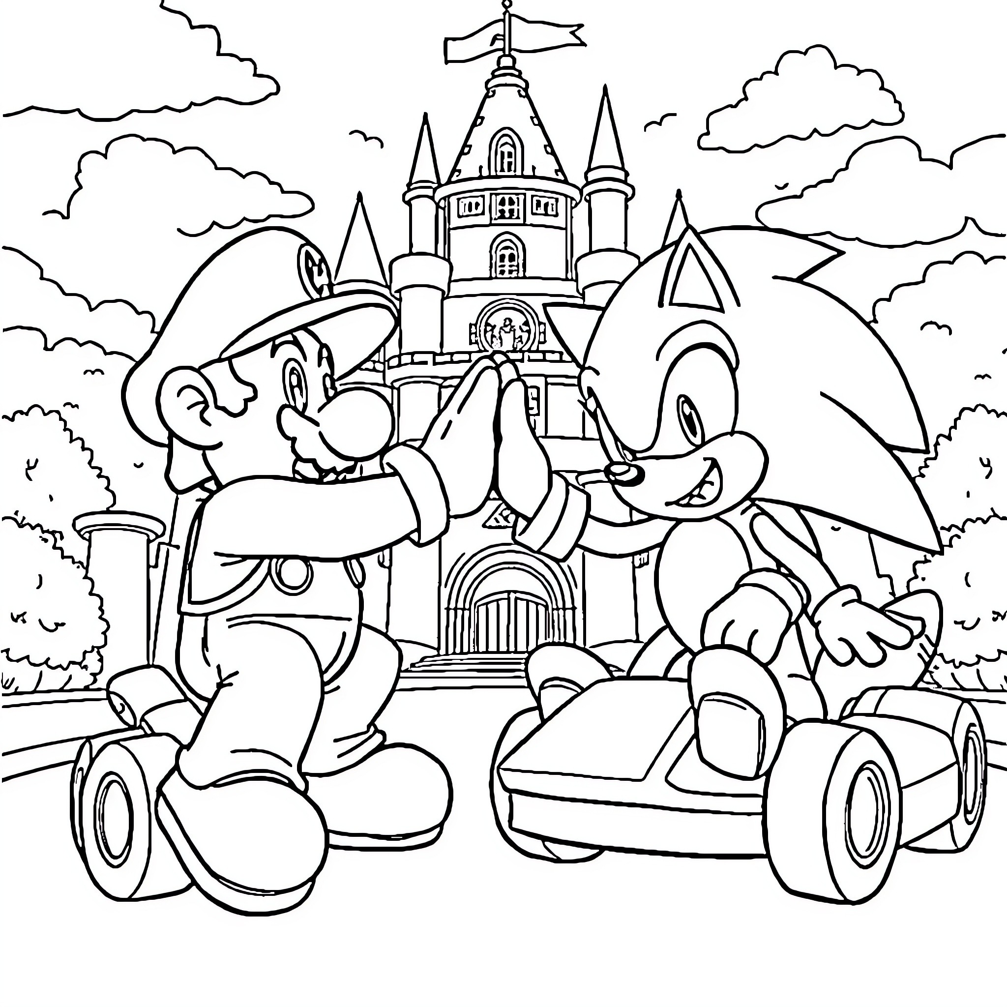 Mario and Sonic's Adventure at the Castle Coloring Page (free black-and-white line drawing printable PDF for all, from beginners to advanced learners, including children, teens, adults, and seniors)