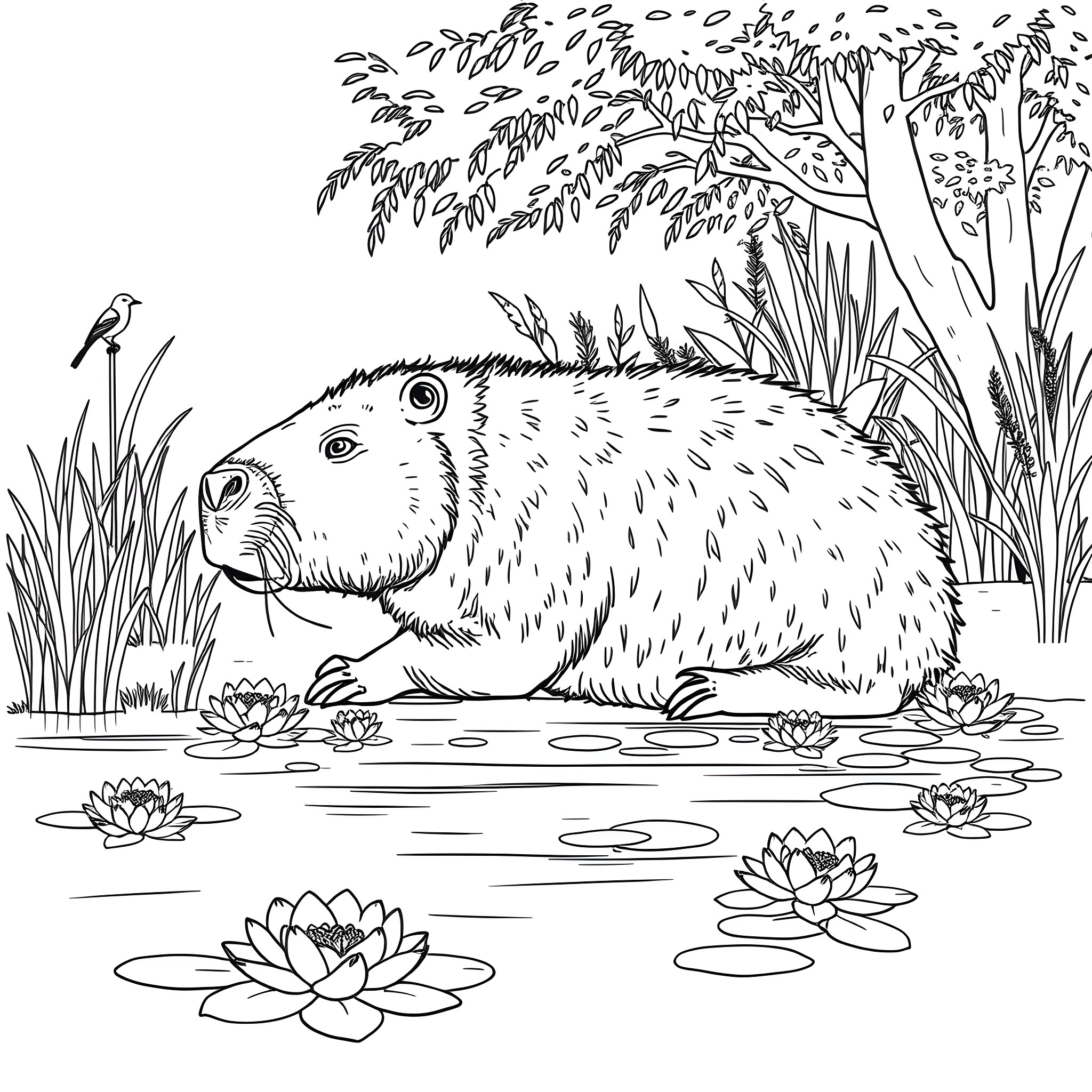 Capybara relaxing in a tranquil pond Coloring Page (free black-and-white line drawing printable PDF for all, from beginners to advanced learners, including children, teens, adults, and seniors)