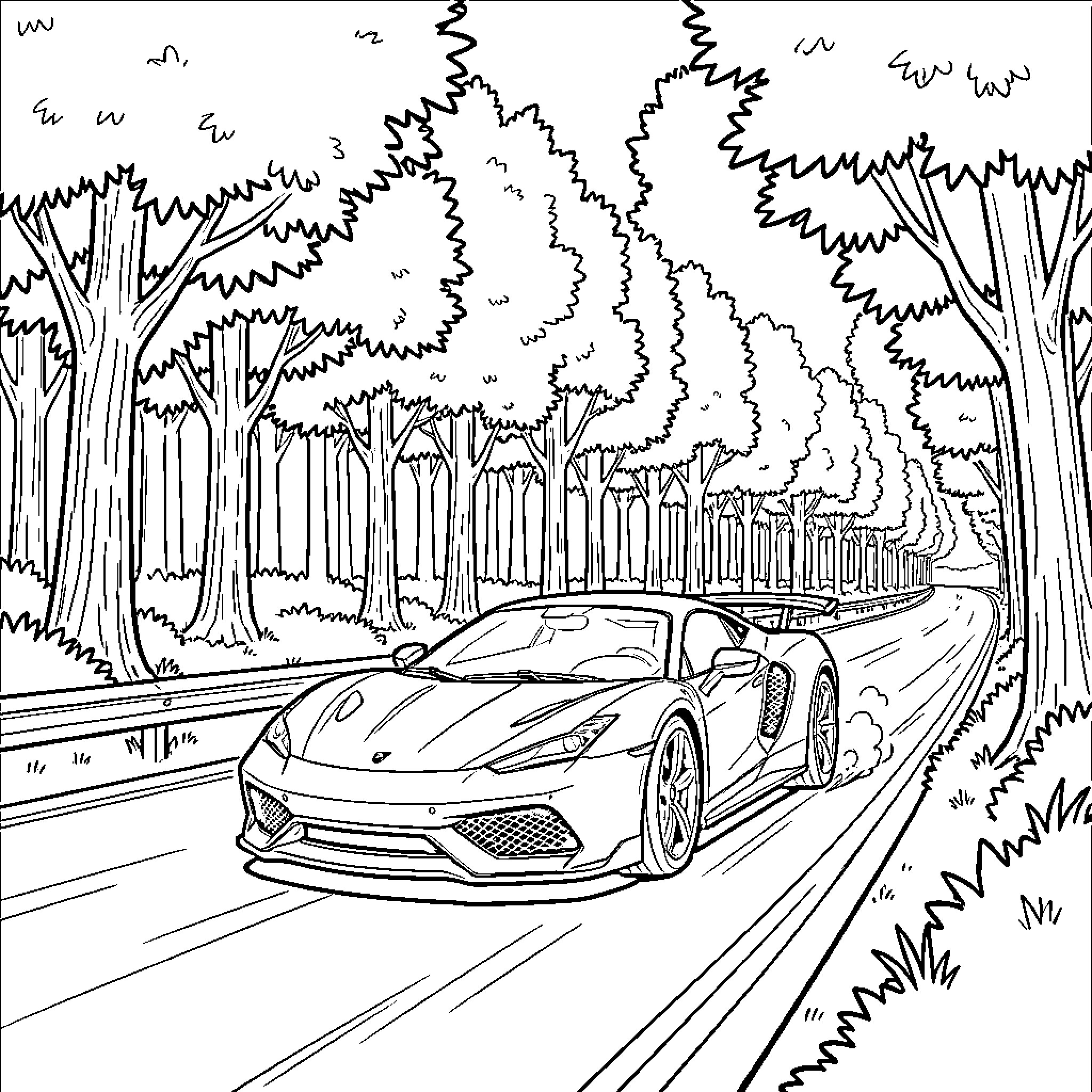 Sports Car driving fast through a wooded road Coloring Page (free black-and-white line drawing printable PDF for all, from beginners to advanced learners, including children, teens, adults, and seniors)
