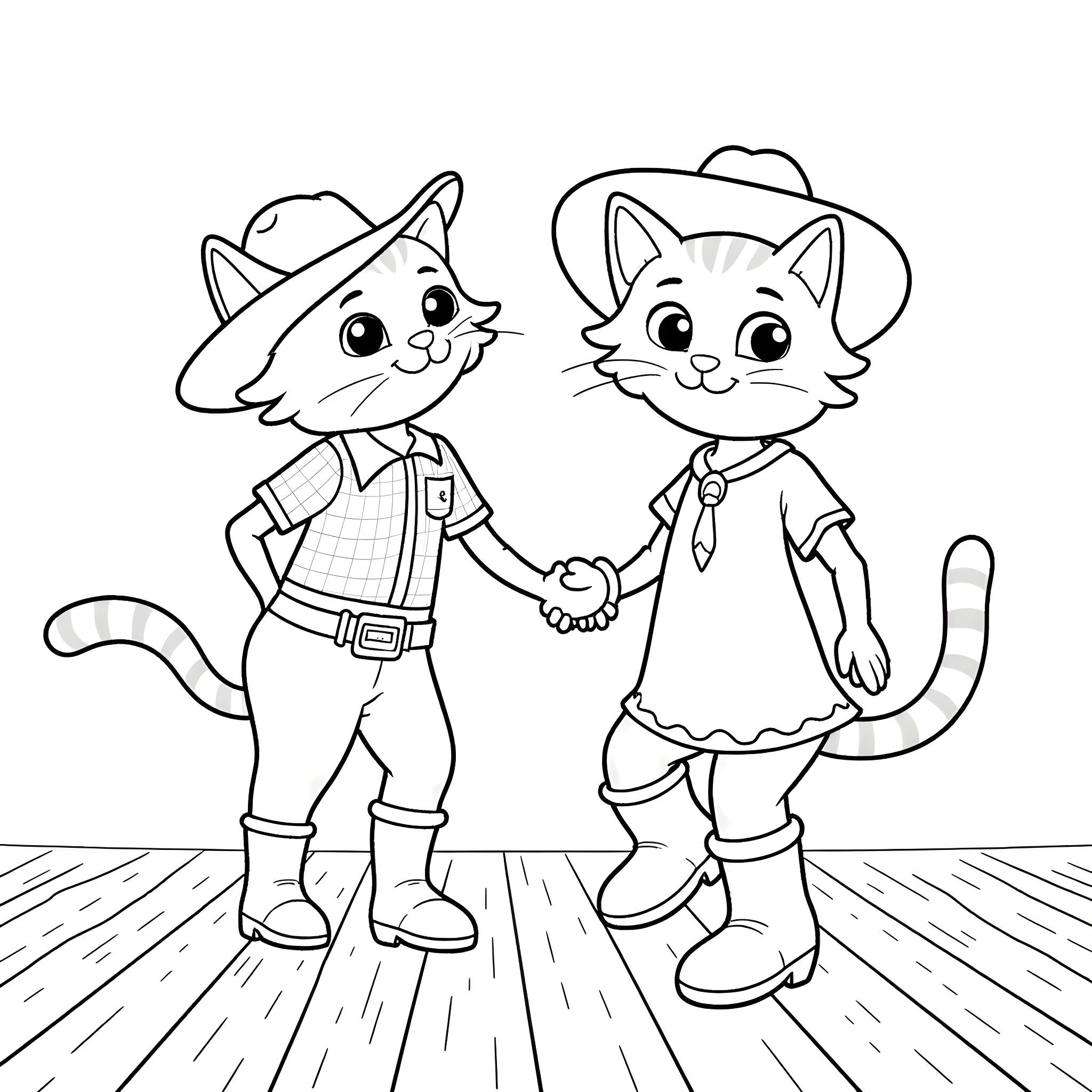 Cats in cowboy and cowgirl outfits holding hands Coloring Page (free black-and-white line drawing printable PDF for all, from beginners to advanced learners, including children, teens, adults, and seniors)