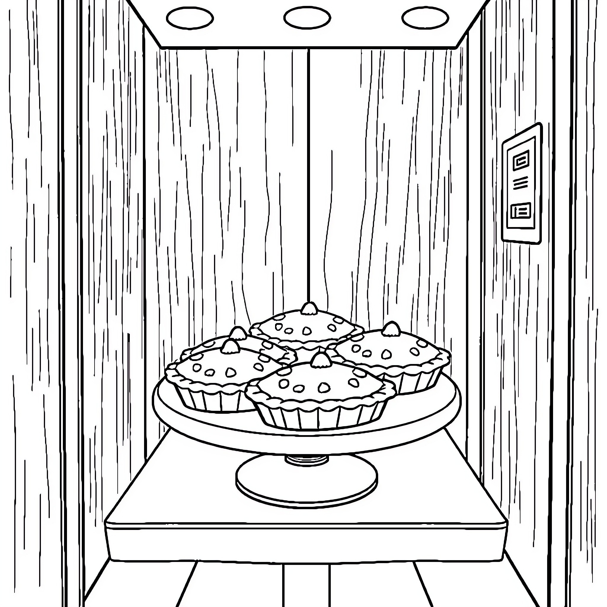 Pies displayed in a cozy room Coloring Page (free black-and-white line drawing printable PDF for all, from beginners to advanced learners, including children, teens, adults, and seniors)