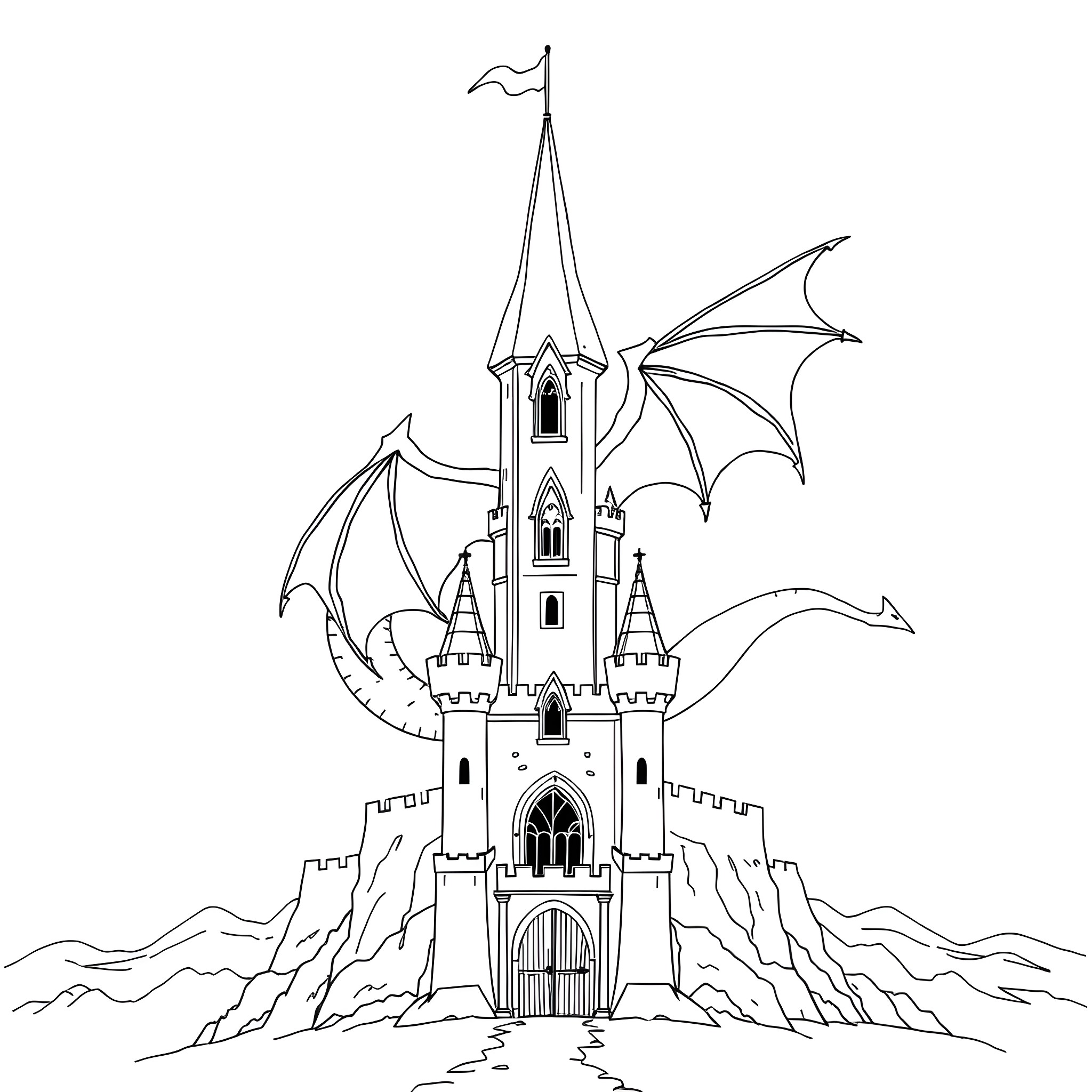 Dragon Castle on Rugged Mountain Coloring Page (free black-and-white line drawing printable PDF for all, from beginners to advanced learners, including children, teens, adults, and seniors)