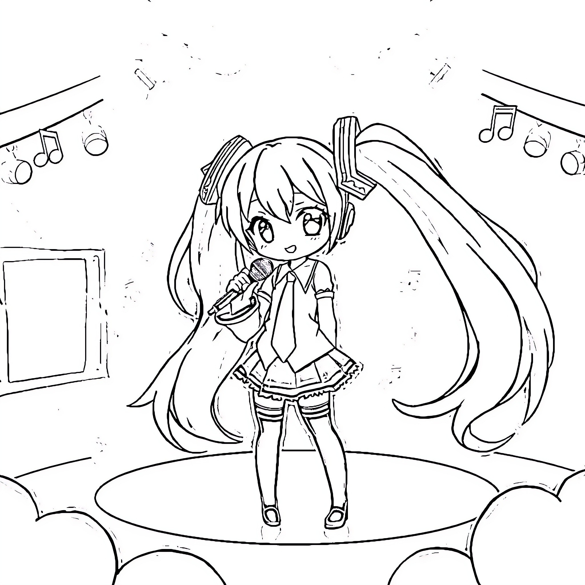 Miku performing on stage with musical notes Coloring Page (free black-and-white line drawing printable PDF for all, from beginners to advanced learners, including children, teens, adults, and seniors)