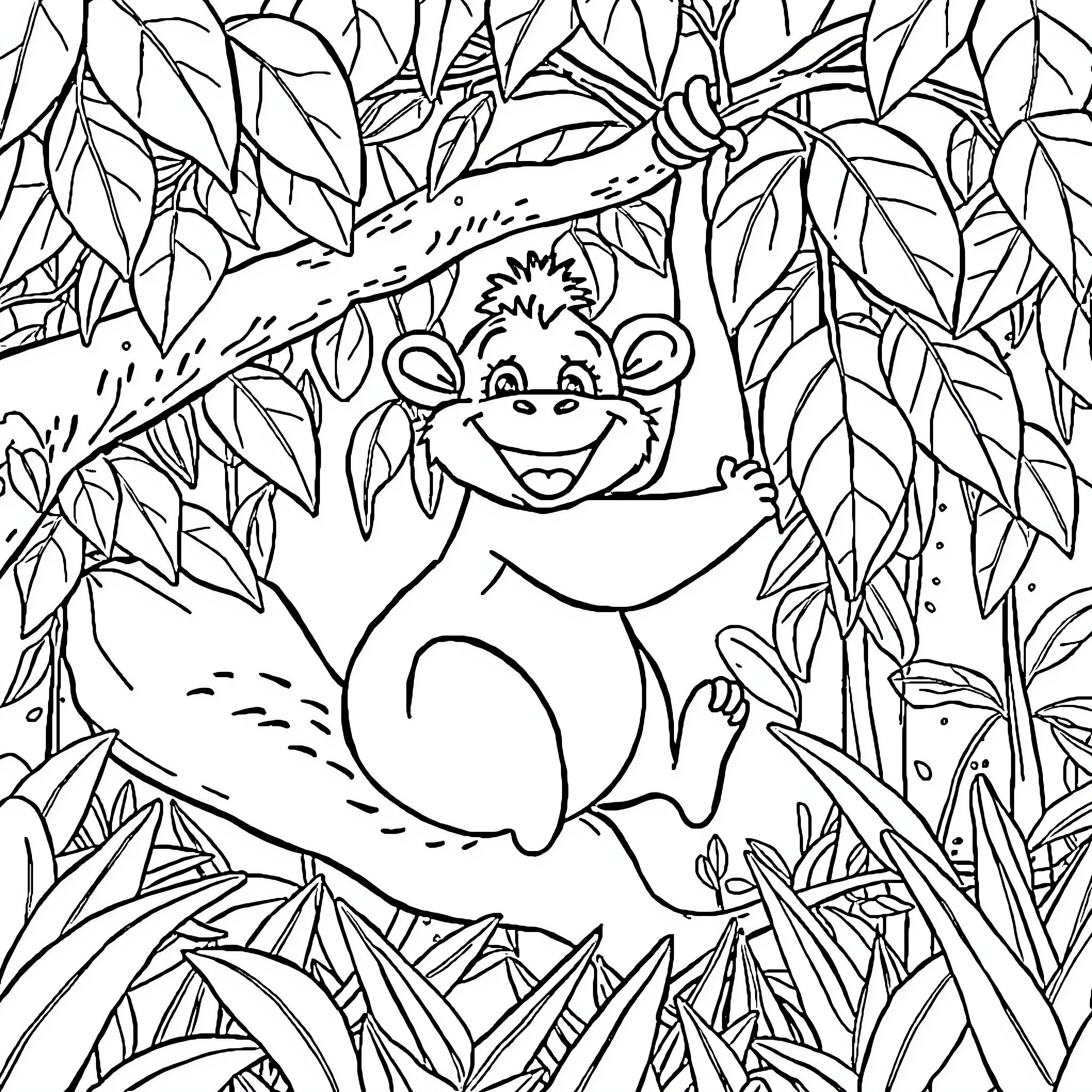 Monkey playfully exploring the lush jungle Coloring Page (free black-and-white line drawing printable PDF for all, from beginners to advanced learners, including children, teens, adults, and seniors)