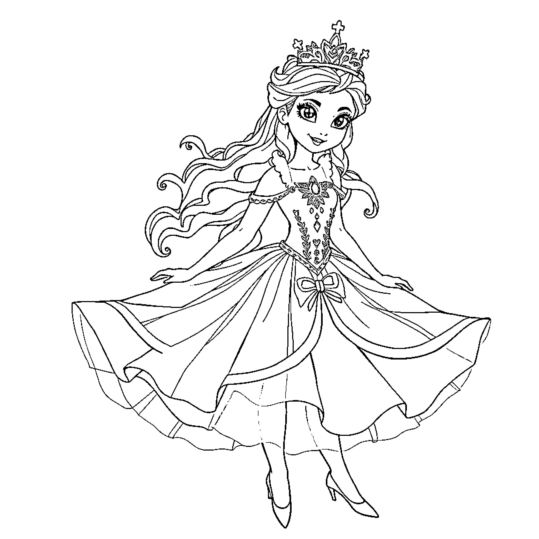 Snow Queen in a Graceful Pose Coloring Page (free black-and-white line drawing printable PDF for all, from beginners to advanced learners, including children, teens, adults, and seniors)